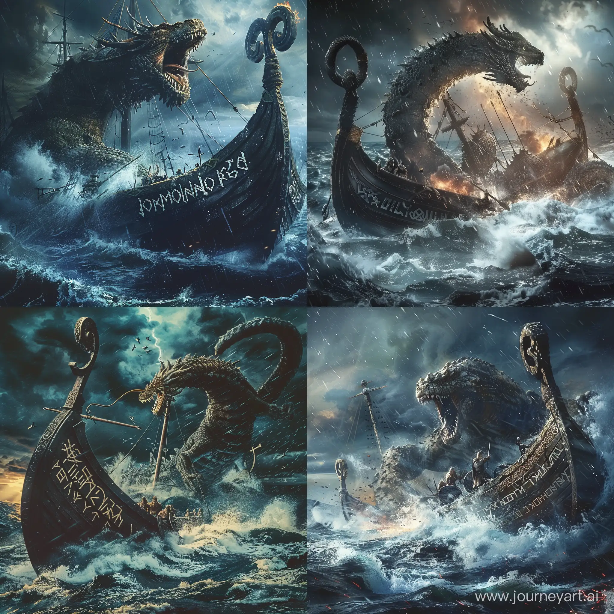 Scandinavian saga creature Jormundandr, massive serpent with scales, attacking a viking longship with dragon figurehead, stormy sea with crashing waves, dramatic lighting, Norse runes inscribed on ship's hull, epic battle scene, mythological, painterly style --s 150 --ar 1:1 --c 10