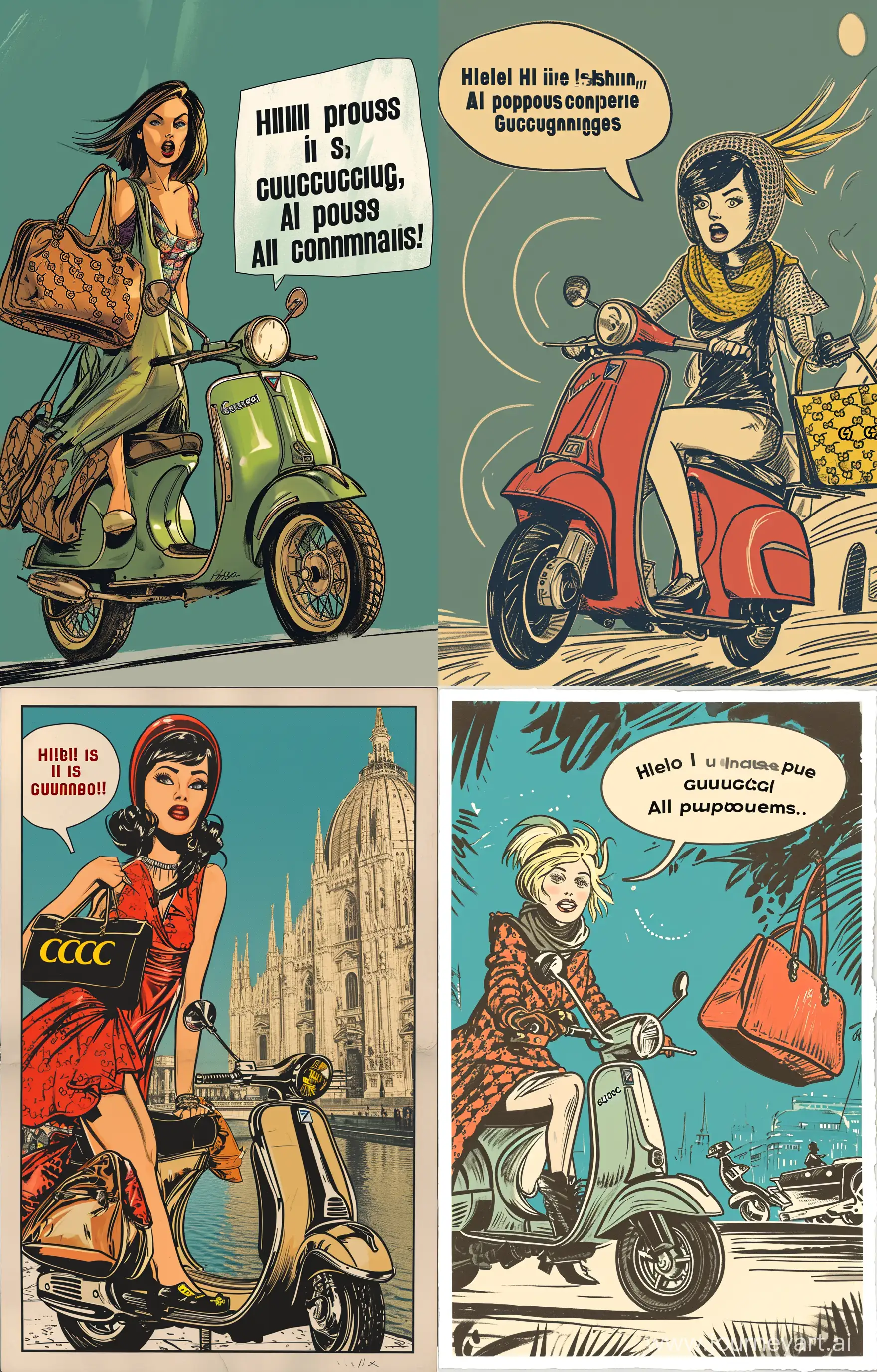 A comic panel of a fashion lady arriving in Milan by scooter with a speech bubble that reads "Hello, poor commoners! All I want is some Gucci bags.". --v 6 --ar 9:14