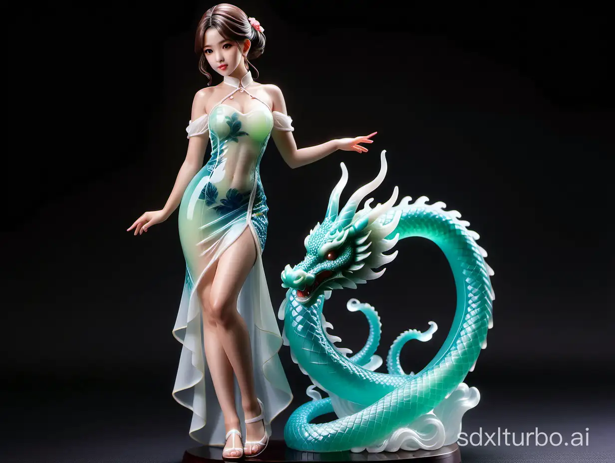 Seductive-Young-Woman-in-Translucent-Cheongsam-Standing-by-a-Dragon-Resin-Figure