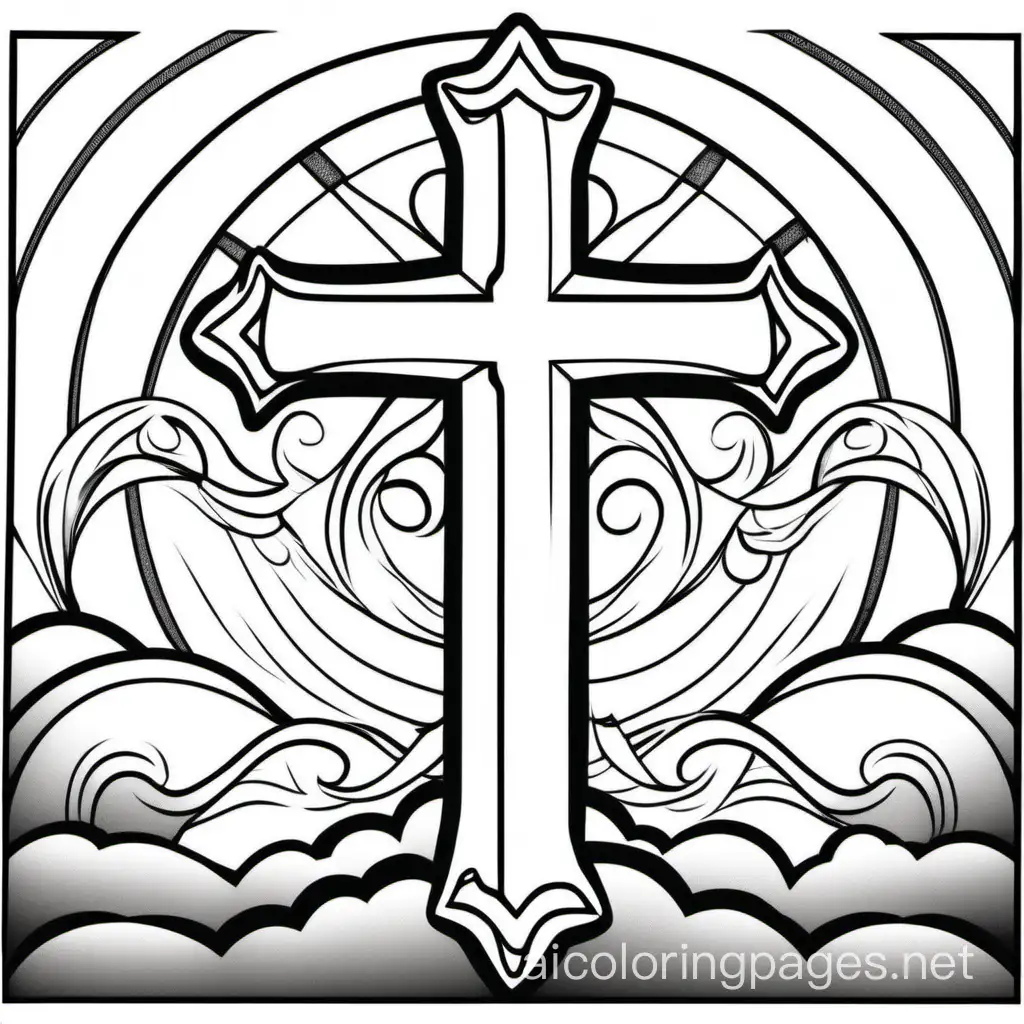 glowing cross, Coloring Page, black and white, line art, white background, Simplicity, Ample White Space. The background of the coloring page is plain white to make it easy for young children to color within the lines. The outlines of all the subjects are easy to distinguish, making it simple for kids to color without too much difficulty