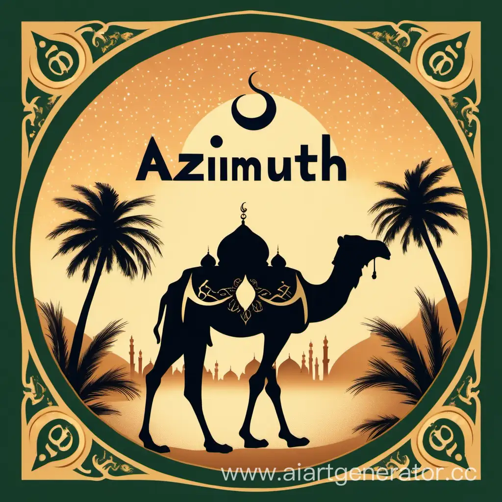 Логотип. Идущий верблюд на расвете, на заднем фоне мечеть и пальмы. В нутреннем круге а по внешнему орнамент растительный. С надписью азимут в арабском шрифте