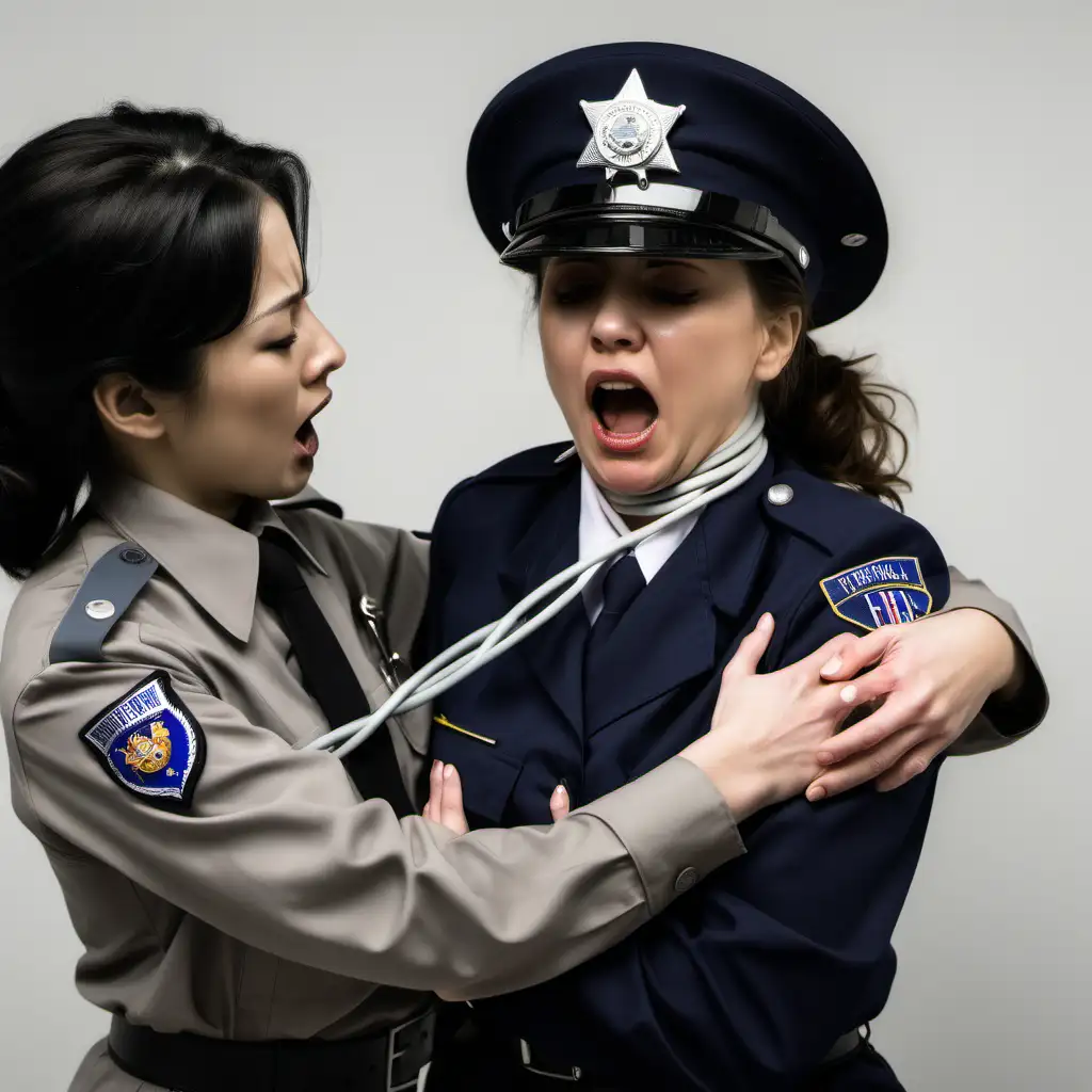 woman in uniform strangling choking uniformed female guard with a wire around her neck from behind