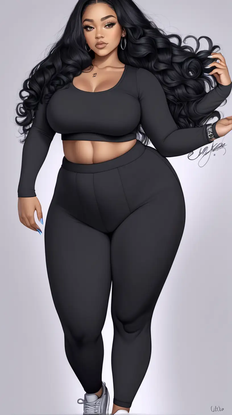 Spanish, black light skin woman. No makeup, High cheek bones, Small breast, curvy thick plus size body. Has long nails, voluptuous eyelashes, chinky small eyes, long black hair, wears black long pants, a long sleeve crop top, Sneakers