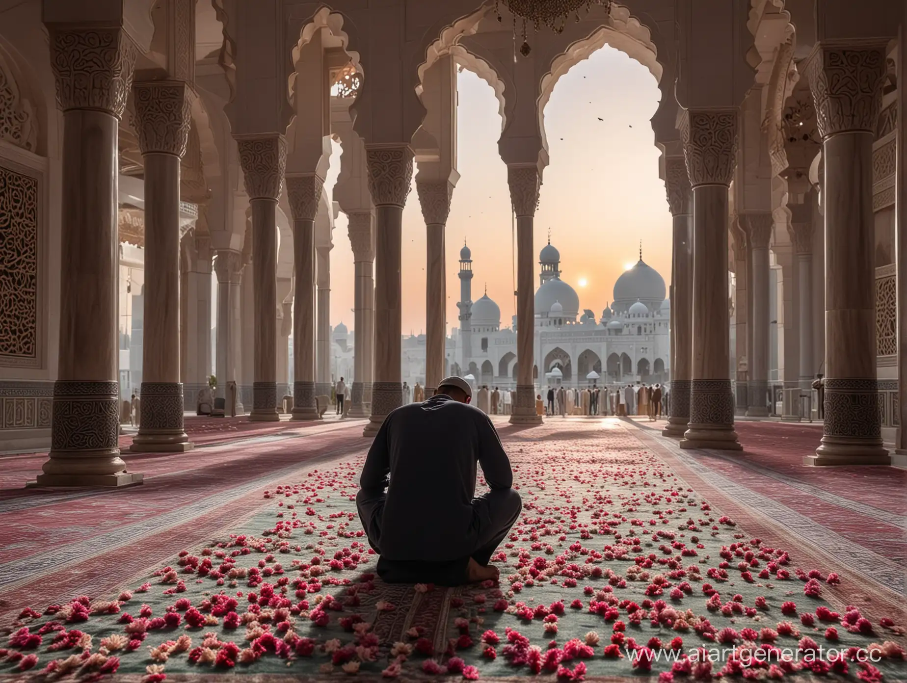 Muslim-Praying-in-Ramadan-with-Serene-Mosque-Background