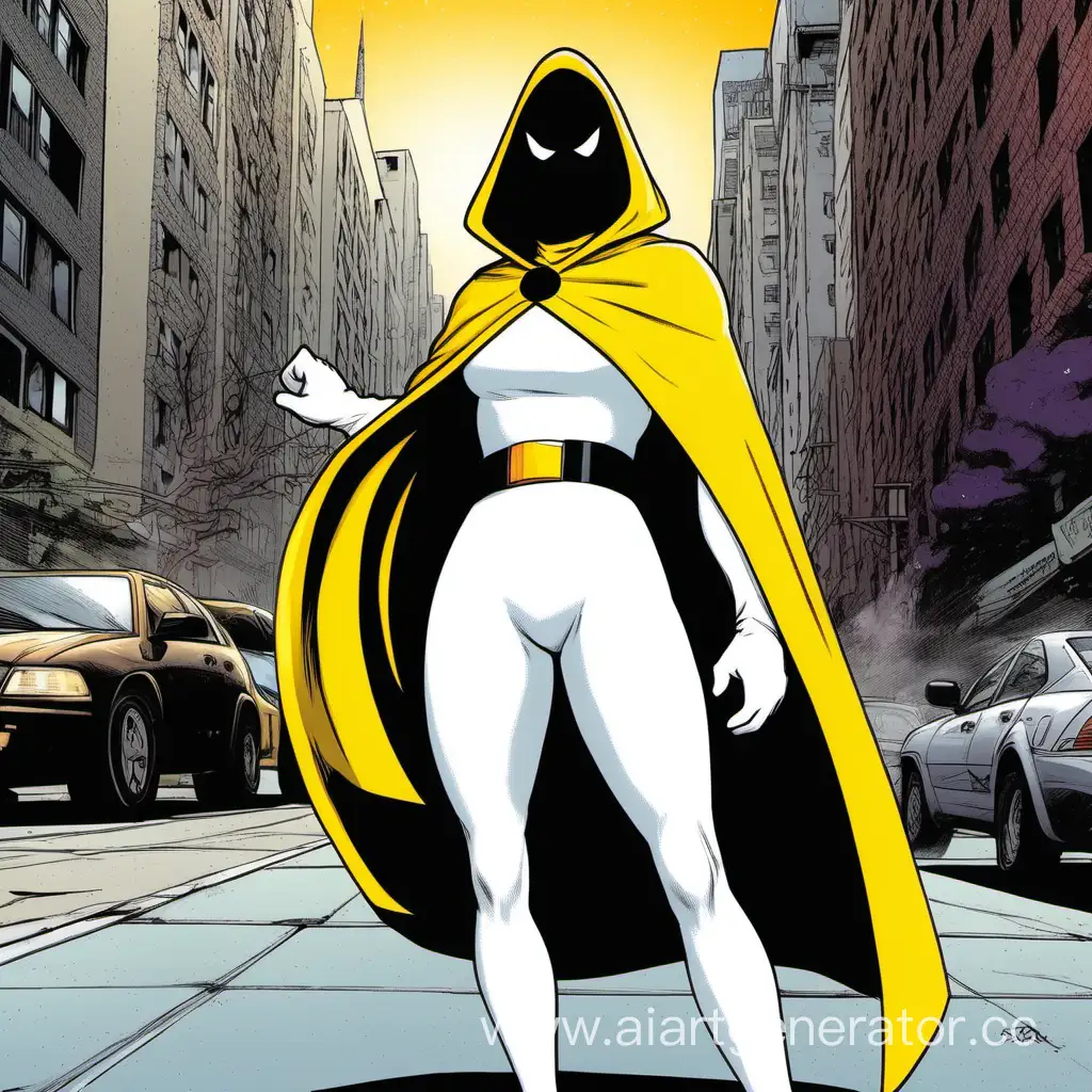 real space ghost, actress, white tights, white spandex, white gloves, black mask, yellow cape, black belt, street