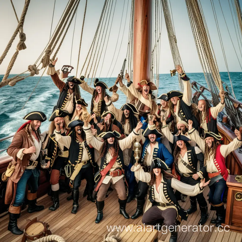 пираты празднуют победу на палубе парусника