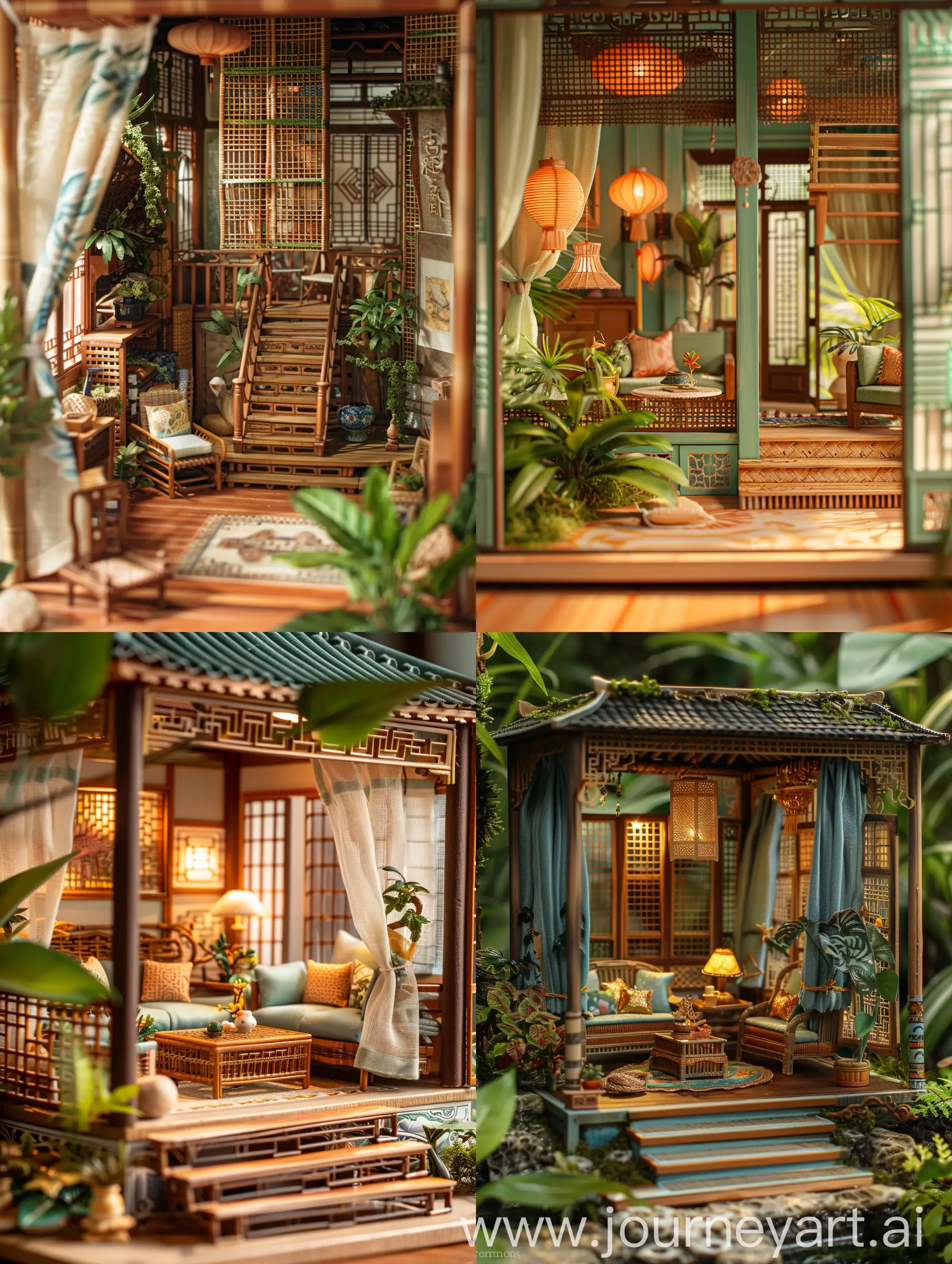 A miniature scene of the interior of a nostalgic Southeast Asian retro living room, Southeast Asian retro decoration style, open and transparent layout, tropical natural elements, Southeast Asian elements, Southeast Asian retro style furniture and decoration, screens, curtains, stairs, rattan weaving, rich colors, relaxed and natural atmosphere, aesthetic conception of Southeast Asian retro style, film-level scenery effect, light space art, Southeast Asian retro style texture, exquisite, visual aesthetics, rich details, Southeast Asian retro style home miniature scene masterpiece --ar 3:4 --chaos 4 --s 180 --v 6