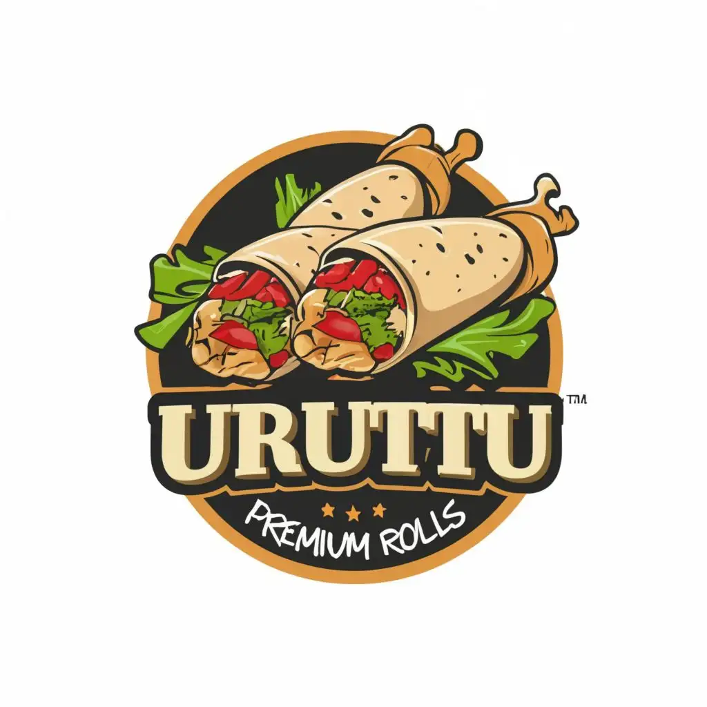 logo, Juicy  chicken wraps that look appetizing, delicious, mouth watering, with the text "Uruttu
Premium rolls", typography