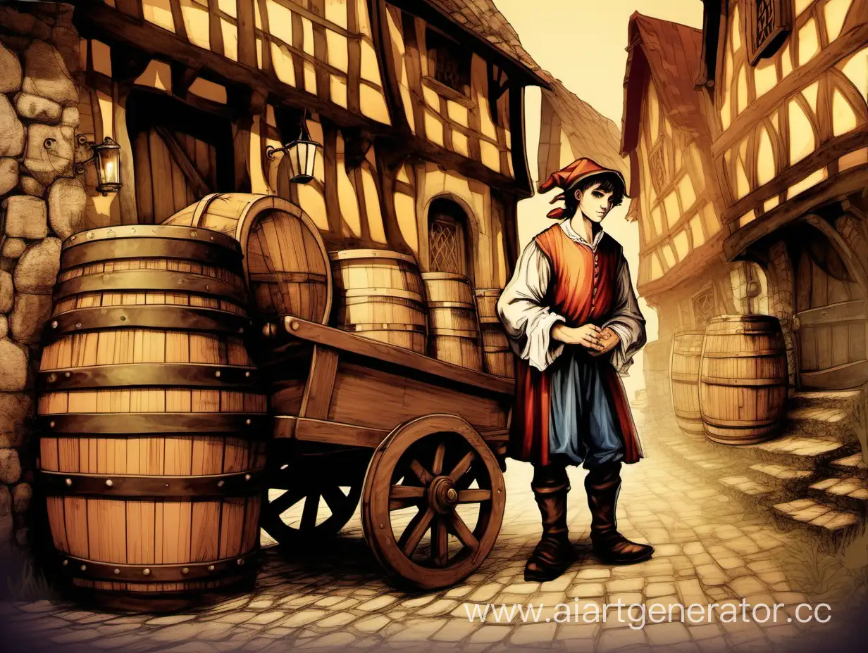 Большая Повозка с ящиками и бочками, молодой парнишка чешет затылок возле повозки, в проулке за таверной, средневековье, цветная картинка