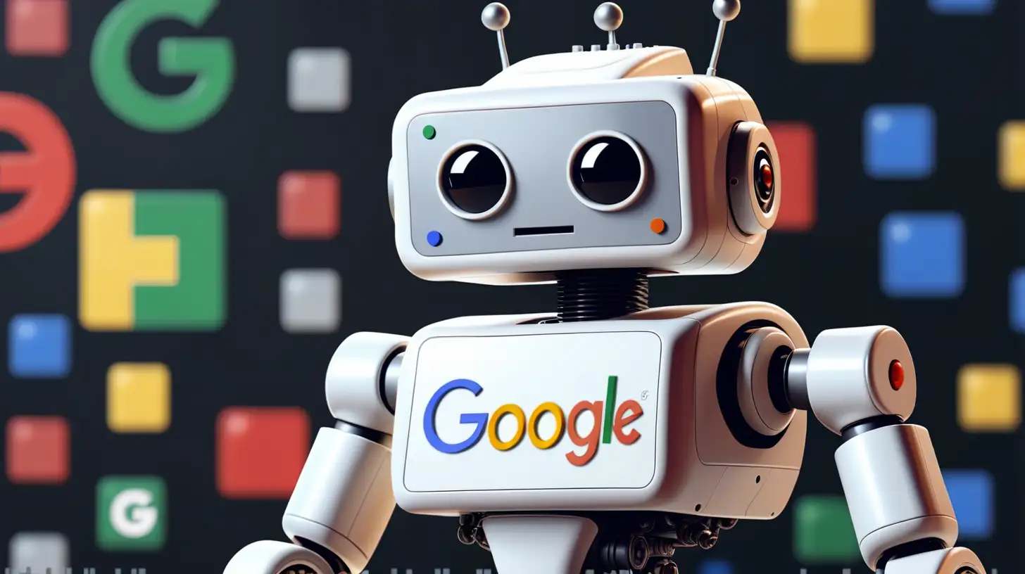 Pixel Robot in AI World with Google Logo