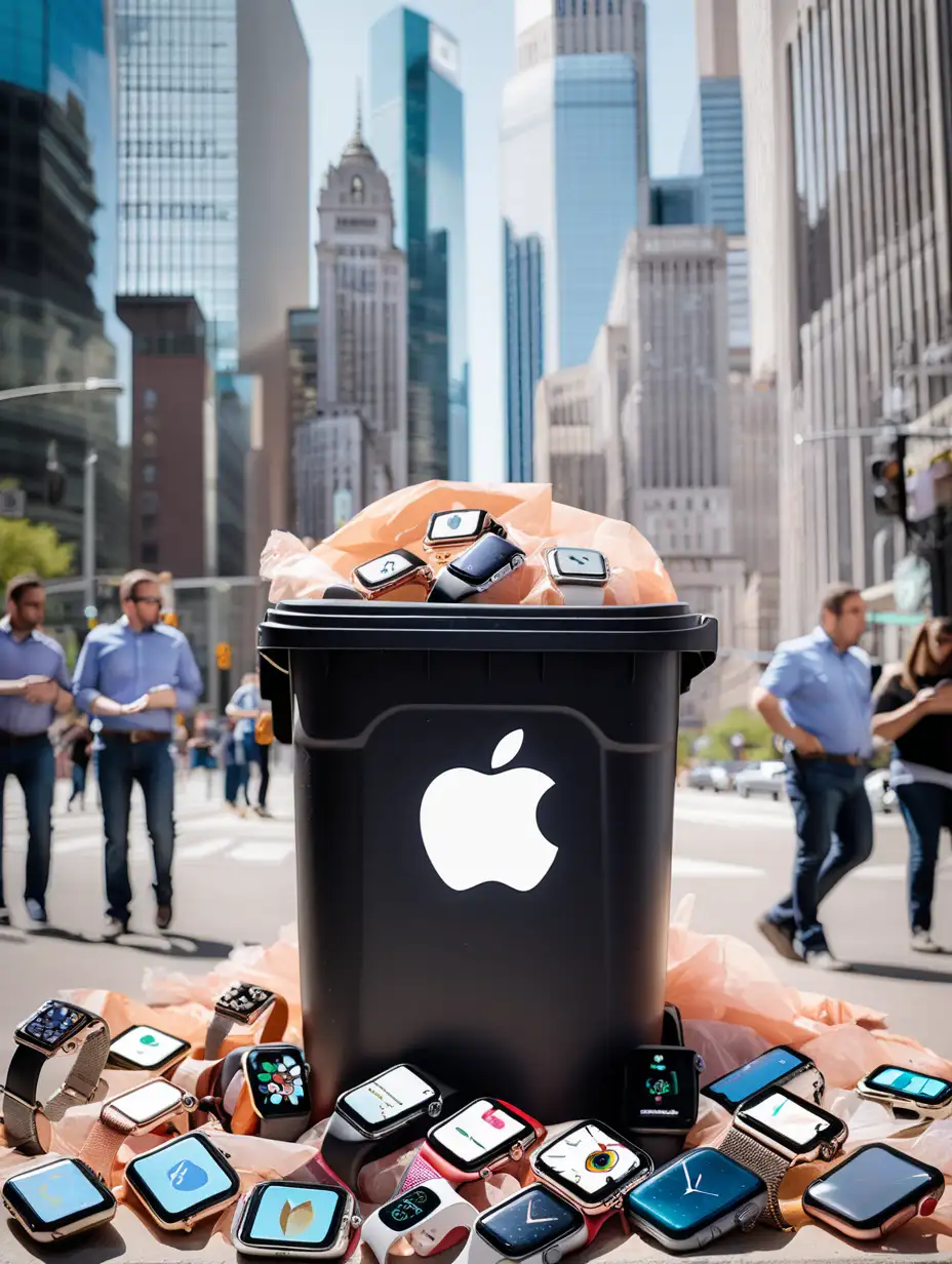 A garbage bin full of apple watches with a declining stock price graph in the background