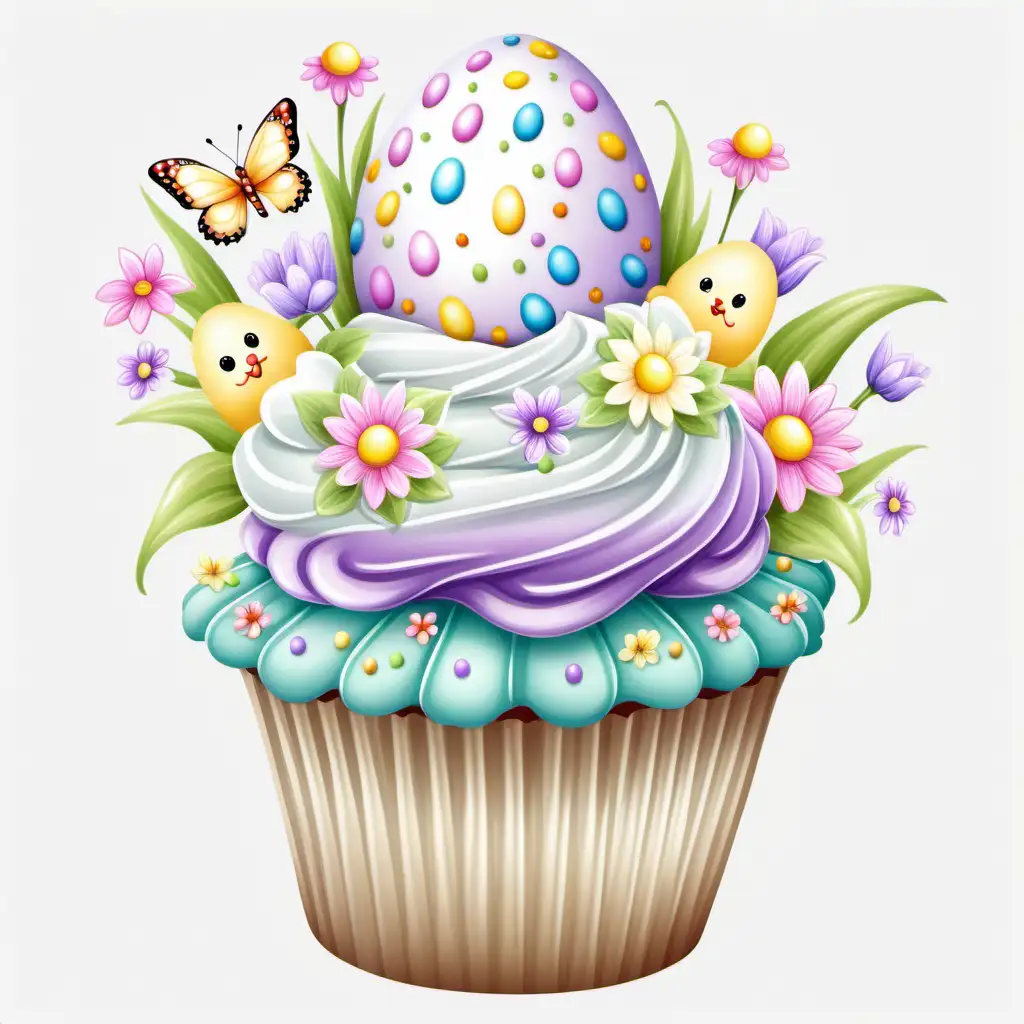 fairytale,whimsical,
cartoon, large easter theme, double frosted white ,,CUPCAKE,clipart,
bright pastel, spring flowers,white background,