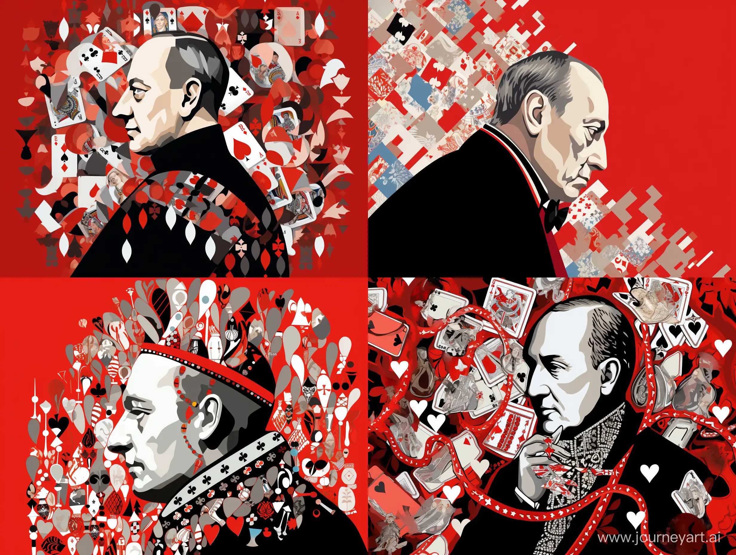 A waist-high portrait of Christian Dior in profile, middle-aged, looking forward, with accessories from Dior, with a small crown on his head, a lot of details, against a background of a pattern of diamonds, hearts, clubs, spades. colors black, white, red, gray, white on the edge, fashion illustration style, pop art style