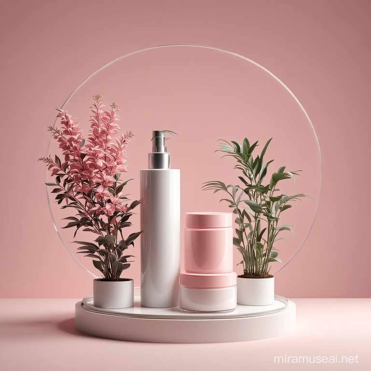 a very realistic composition of a stand and plants for a photo session of a cosmetic product. White and powder pink colors. There is space in the central part to place the product in a round glass container.