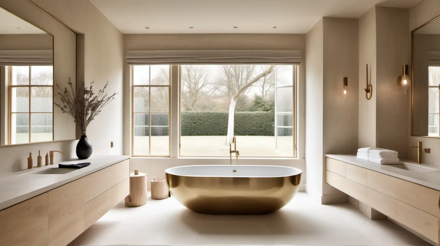A classic contemporary large home minimalist master bathroom; bone coloured limewash walls; blonde oak; brass lighting; a large window;
