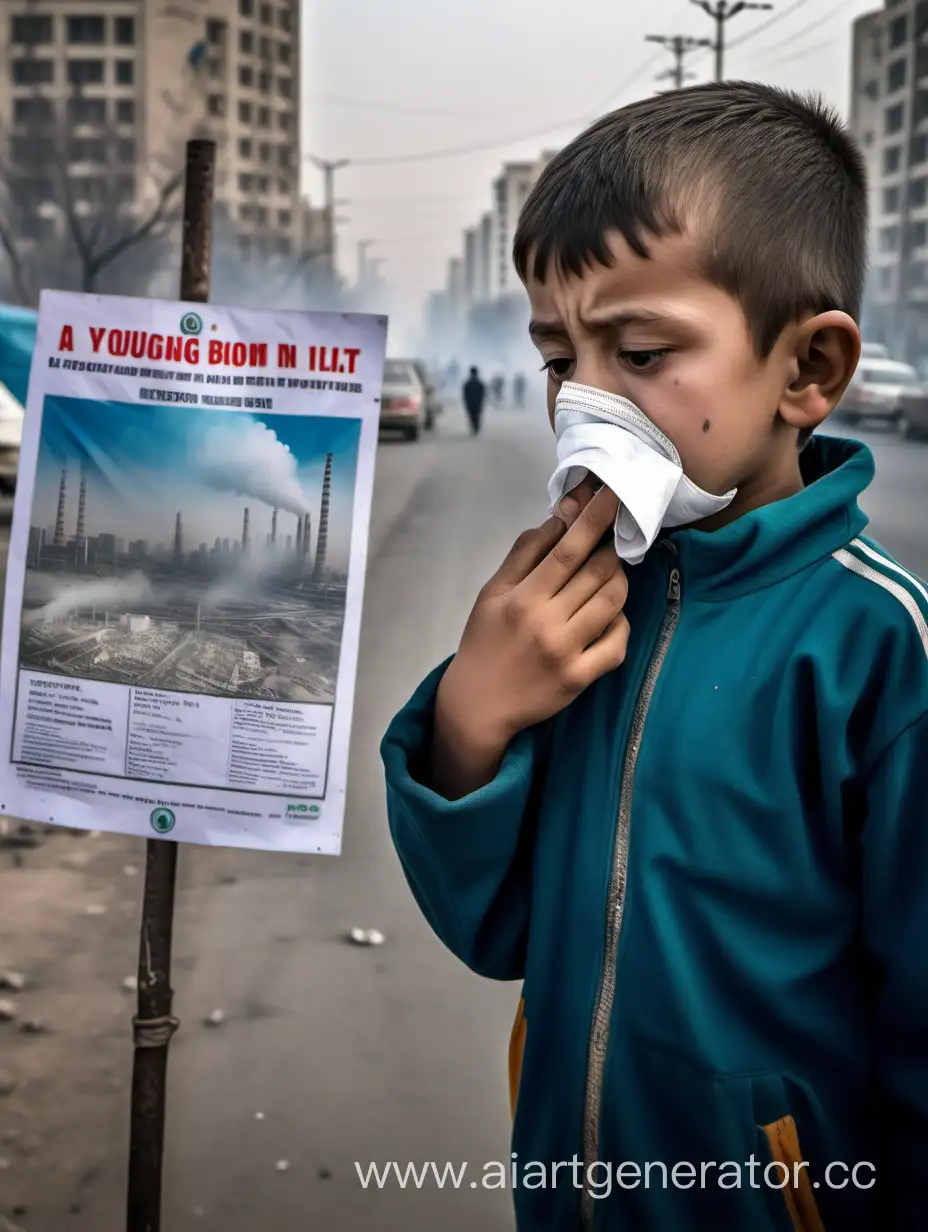 A young boy struggling to breathe in the toxic air of a bad ecological city in Tashkent city with a poster in his hand