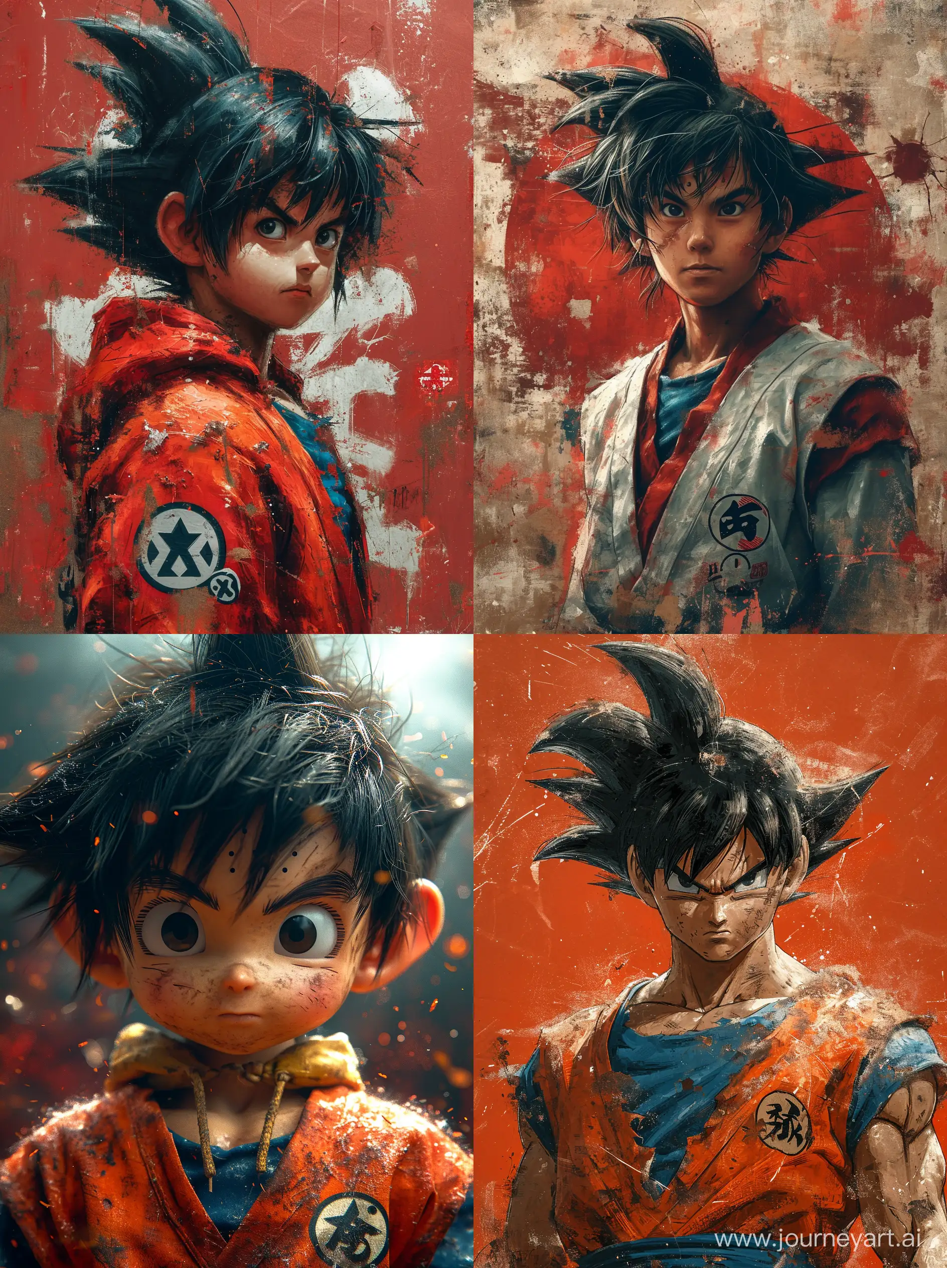 dragon ball, portrait of dr goku, in the style of street art aesthetic, cute cartoonish designs, photo-realistic techniques, dark red, childhood arcadias, anime aesthetic, cartoon-like figures --ar 73:98 --stylize 750 --v 6