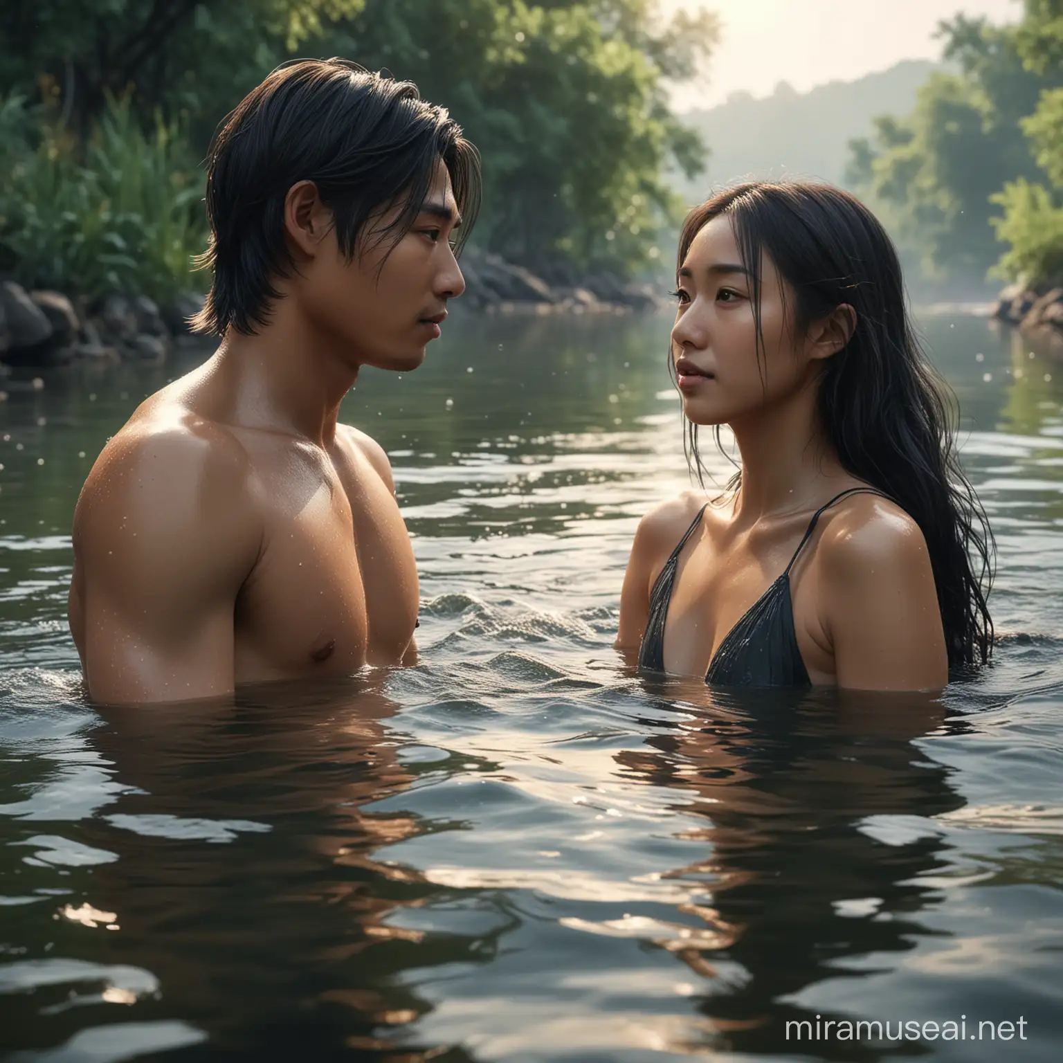 RAW, photorealistic. Two romantic asian couple, swimming in the river. Boy 22 years old and pretty girl with long black hair, intricately detailed, cinematic lighting, sharp focus.