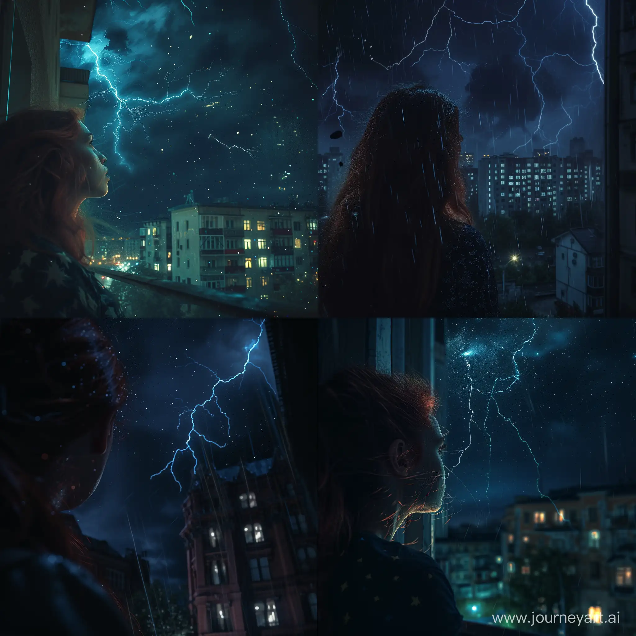  dark night, you can see stars, city, redhead is looking into skies. lightning strikes, building, motion blur, shot on arri alexa classic camera with panasonic lenses, photorealistic, artifacts of jpeg, cinematic and artful, very dark, flash on camera