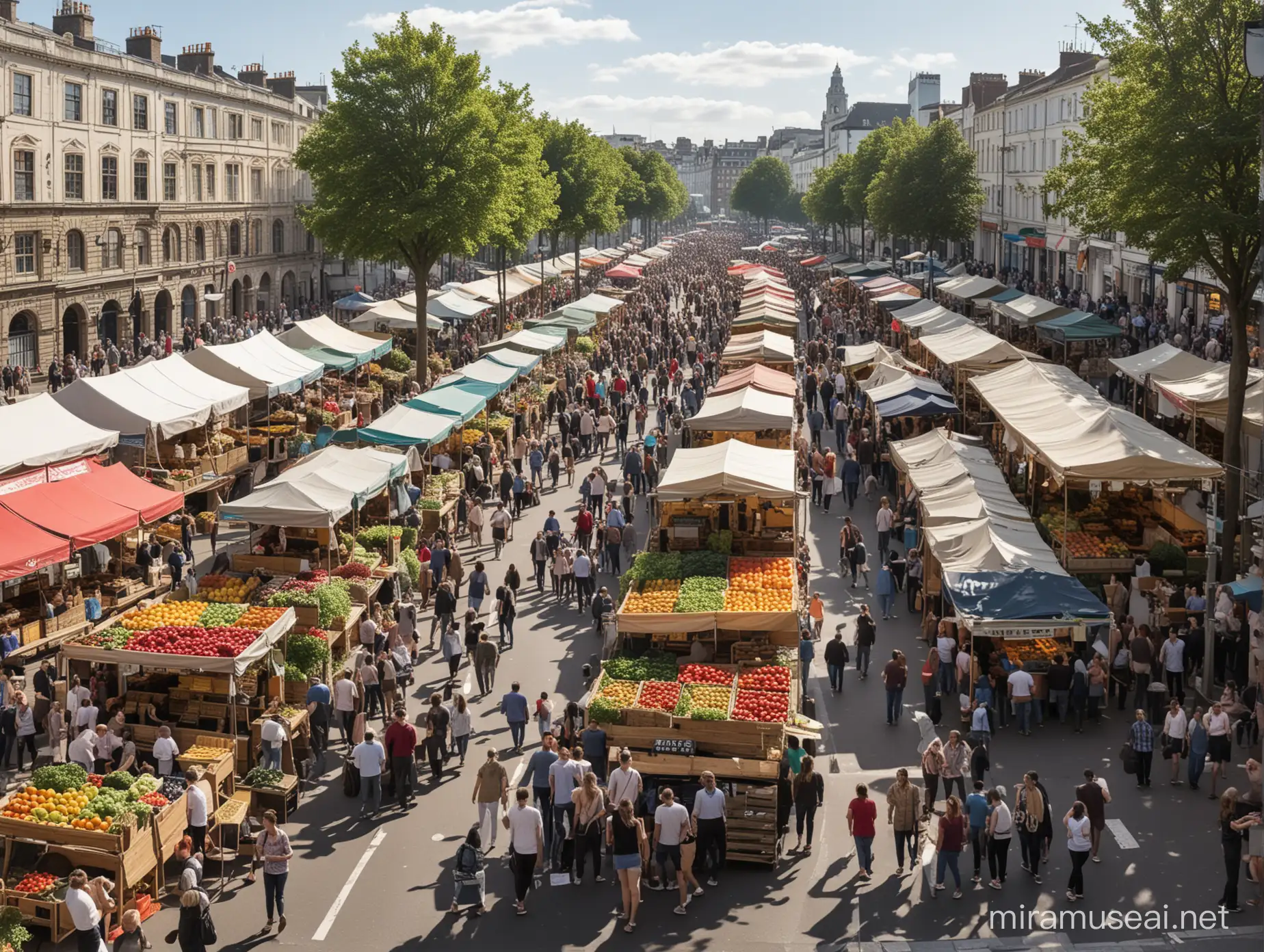 A food fair with 30 stalls selling fresh fruit and vegetables and cooking street food
