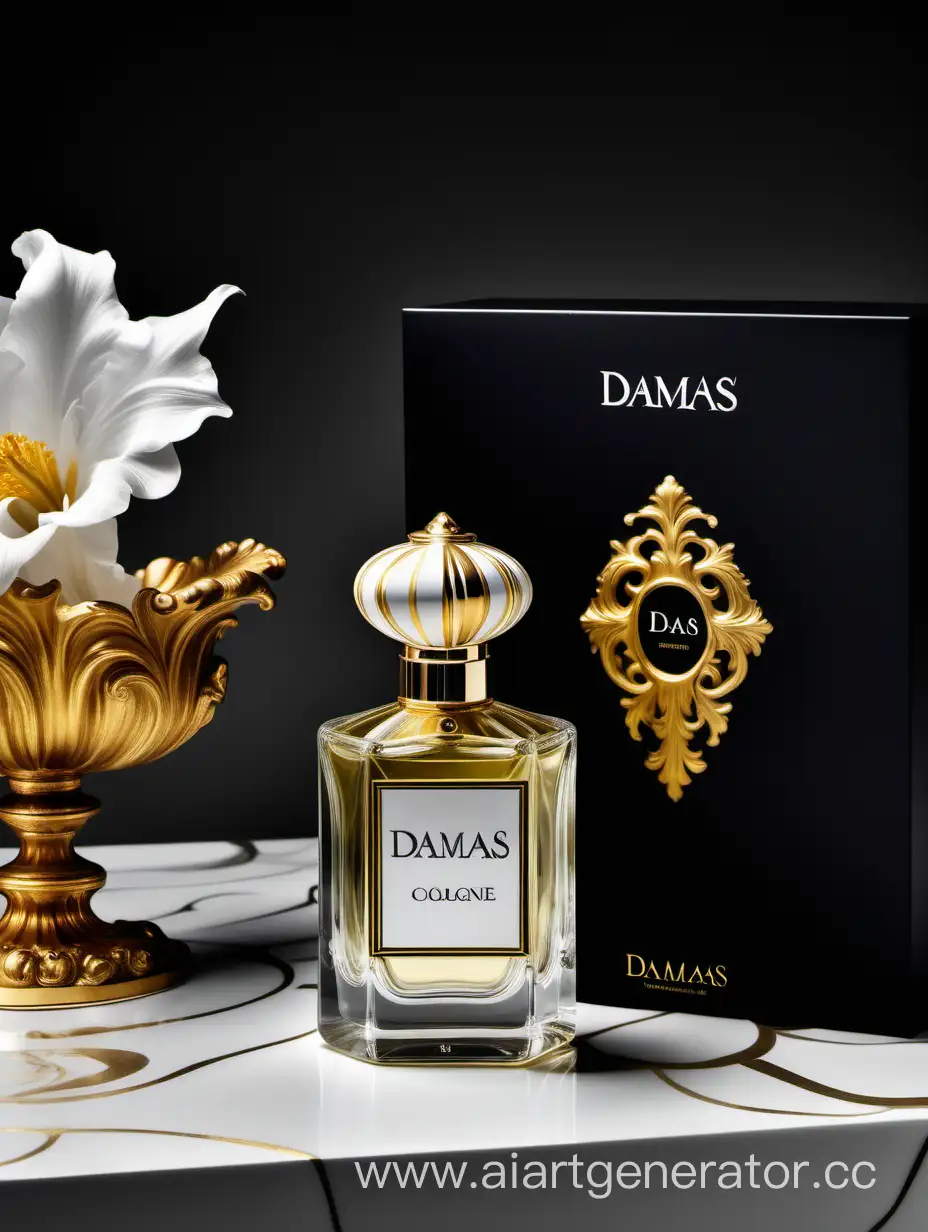 a bottle of damas cologne sitting next to a dark White box,with golden lines a Baroque dynamic luxurious composition, feminine
flemish Baroque