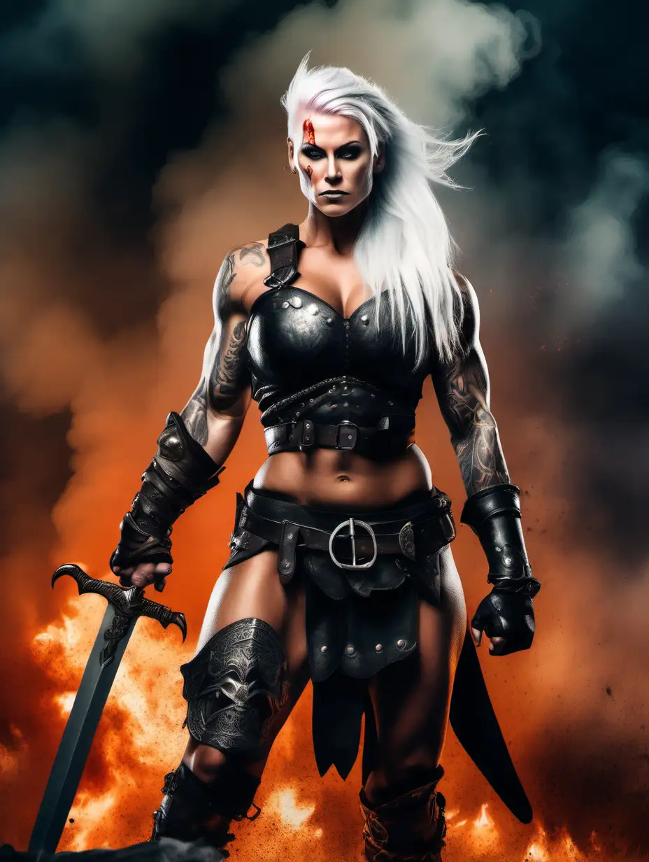 full height big tattooed extremely muscular female barbarian bodybuilder with white hair in a single braid with a tiara on  her head wearing black leather armor standing on a battlefield carrying a bloody sword with smoke and flames in the background
