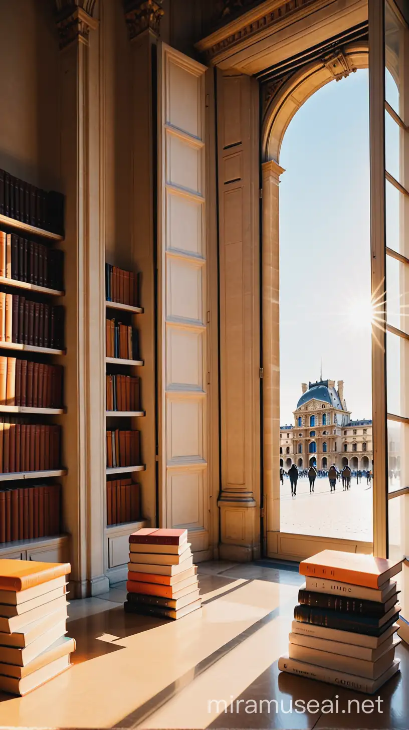 louvre, books, library, window, paris, sunshine, orange