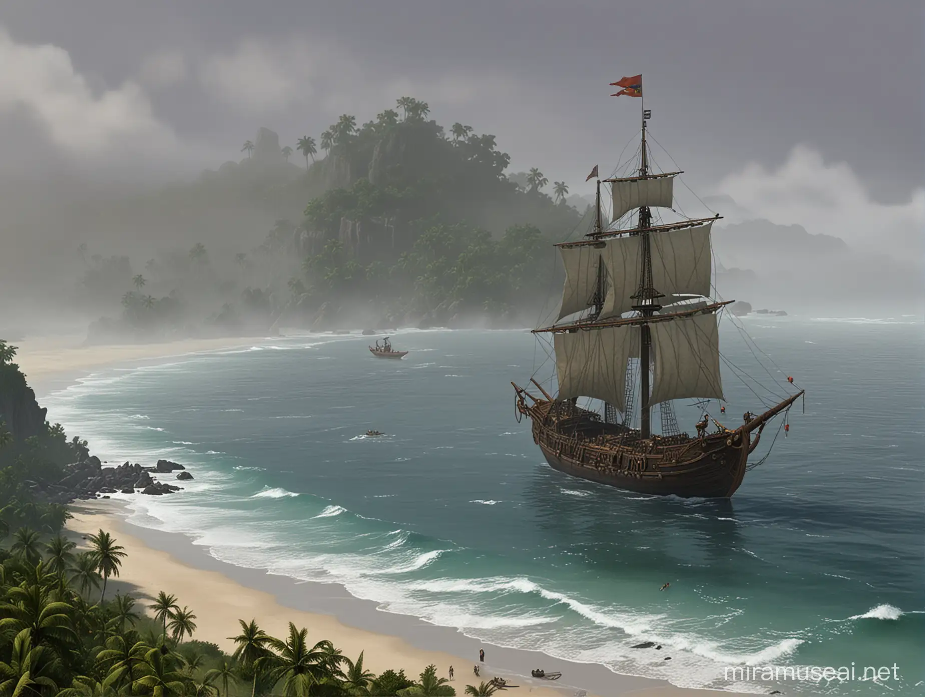 standing on the beach next to Papua village in Ultima Online, an Orcish ship can be seen a great distance away through the fog covering the sea.  