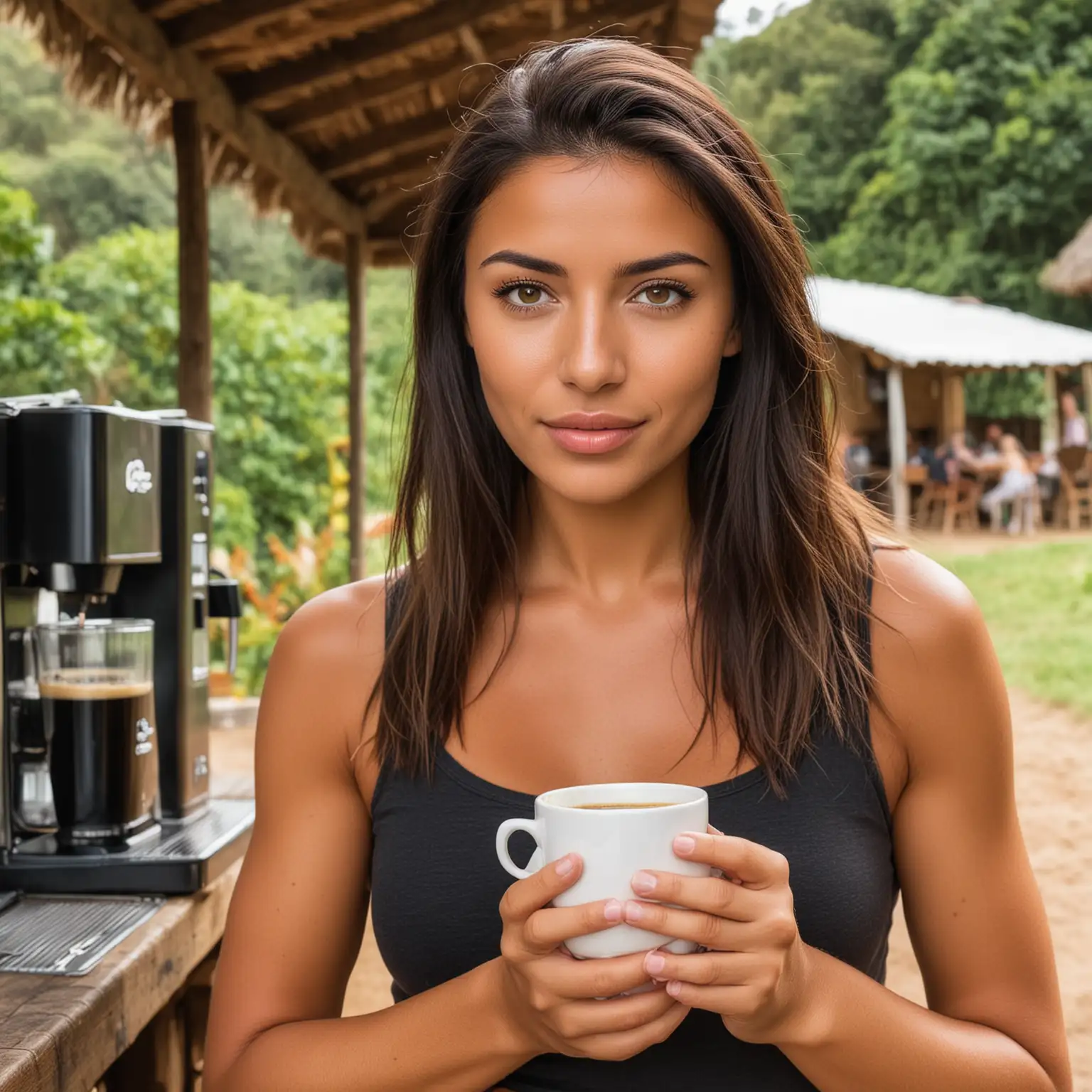 Attractive Colombian Woman Enjoying Coffee on a Farm with Italian Coffee Machine