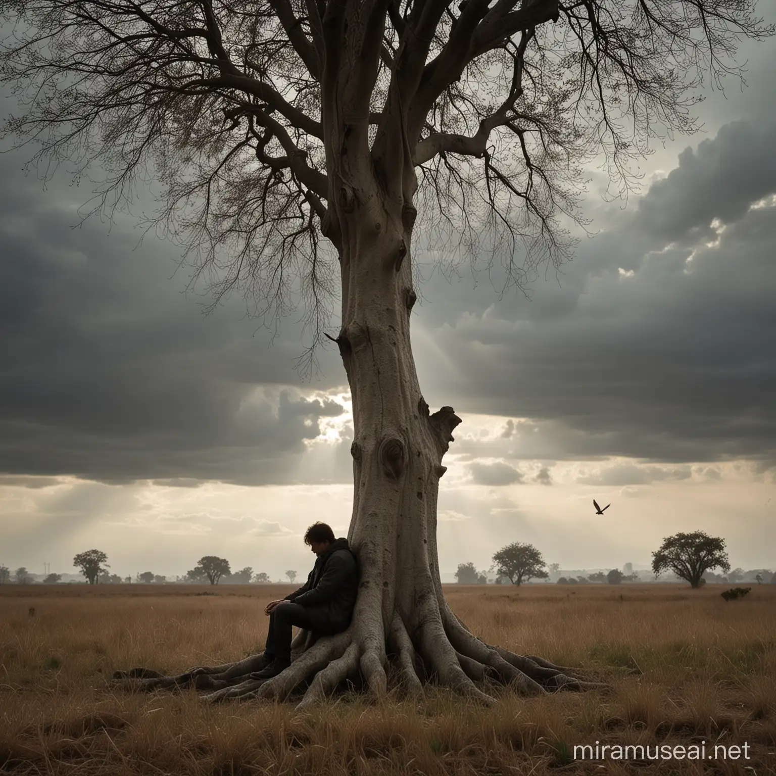 Solitary Man in Contemplation Under a Plane Tree