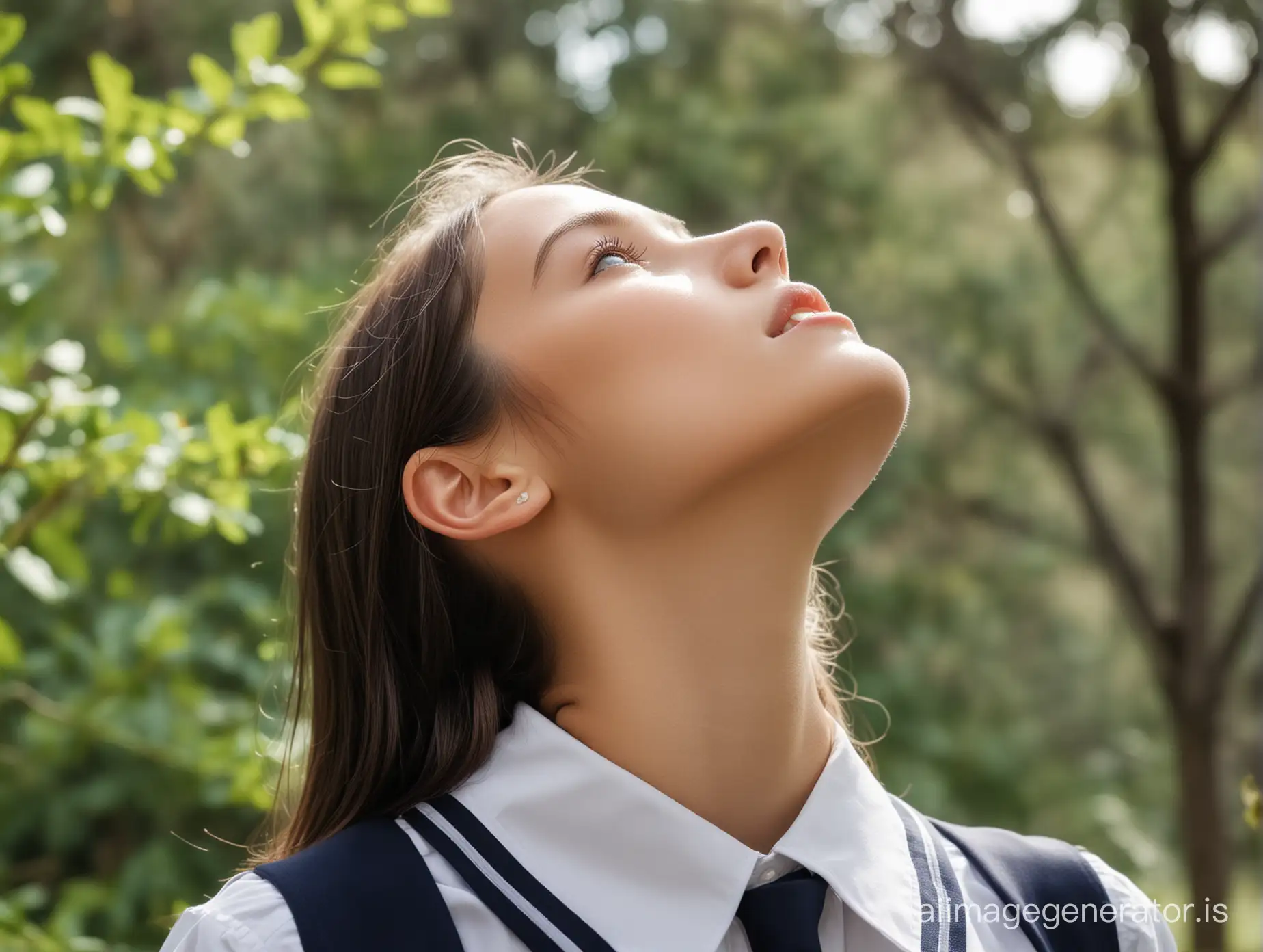 stunningly beautiful girl, looking up to the sky, wearing school uniform, in the garden, slender neck, focus on neck area, (((close up))), Throat