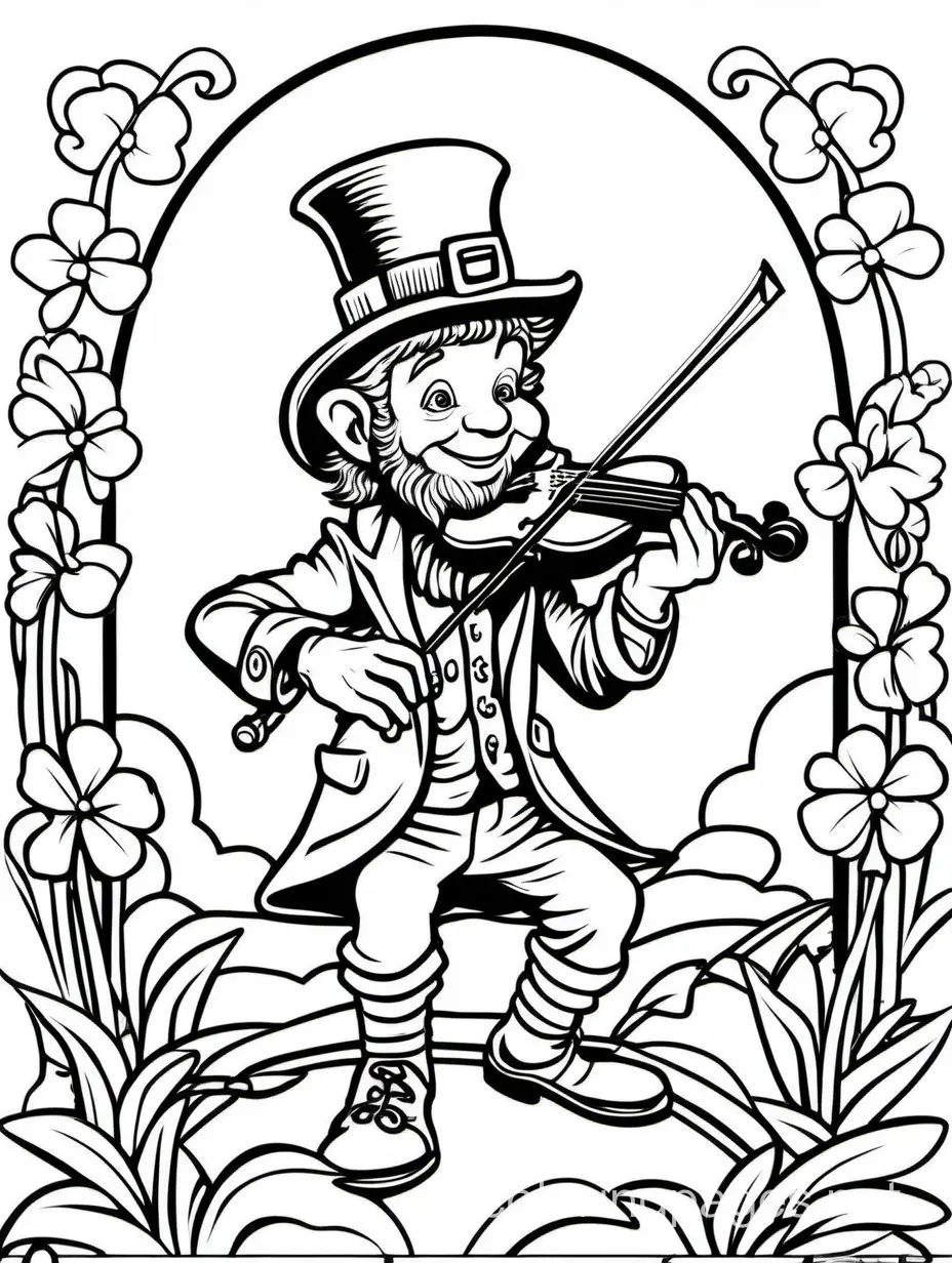 Leprechaun playing a fiddle for St. Patrick's Day for kids, Coloring Page, black and white, line art, white background, Simplicity, Ample White Space. The background of the coloring page is plain white to make it easy for young children to color within the lines. The outlines of all the subjects are easy to distinguish, making it simple for kids to color without too much difficulty