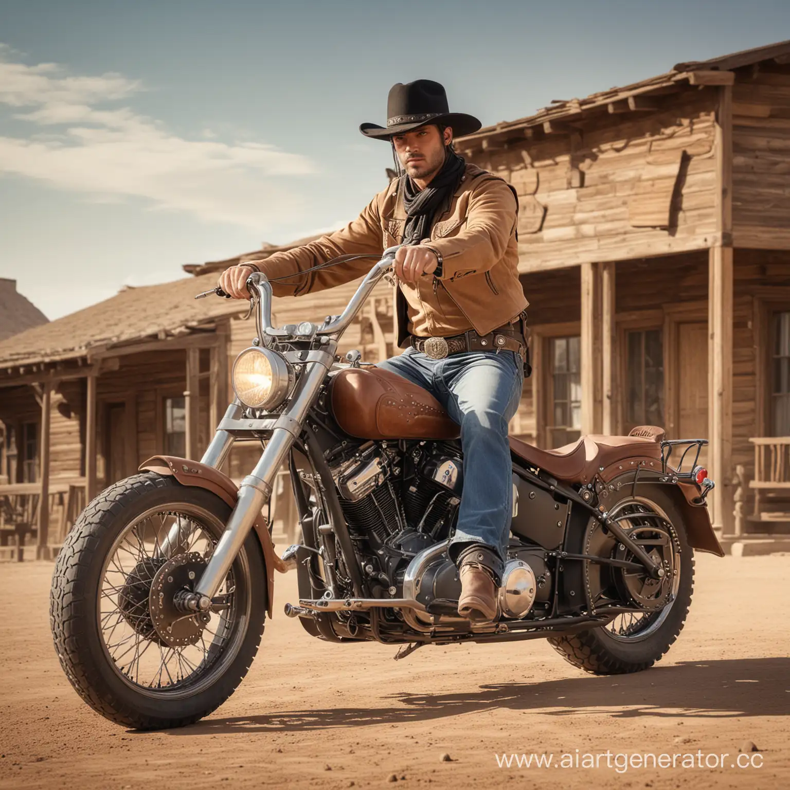 Cowboy-on-Chopper-Motorcycle-with-Revolver-near-Vintage-Saloon
