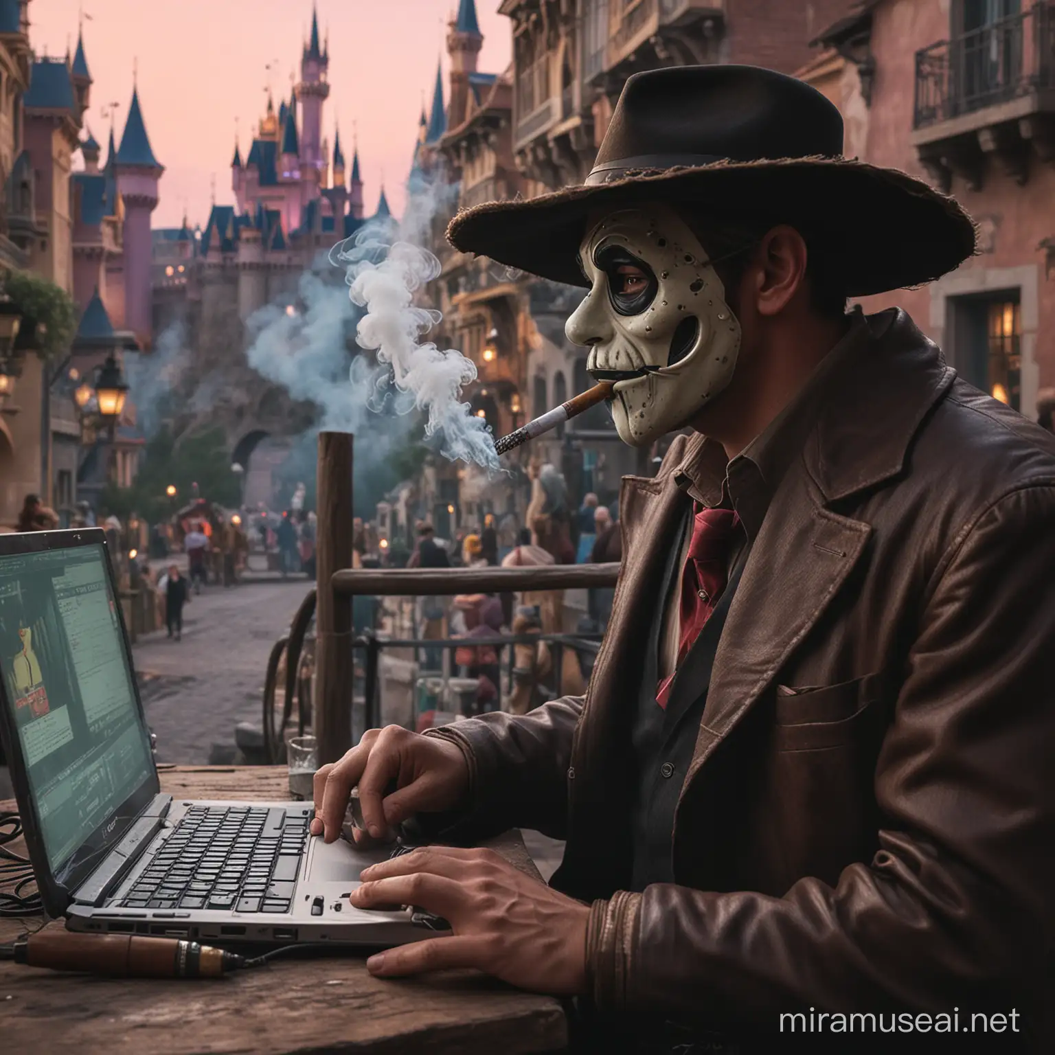 Gere um homem com a mascara de hack fumando charuto na paisagem da Disney 
Hackando no PC 
