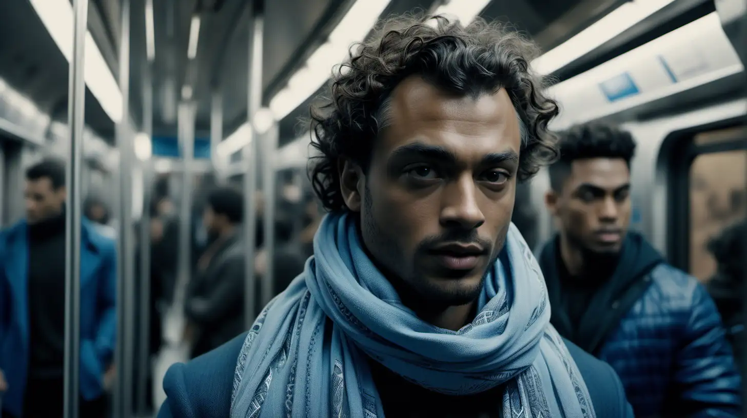 a cinematic scene, full shot, using arri Alexa, Christopher Nolan, handsome mixed man with curly hair wearing all blue Shemagh and tight sports long sleeve, Balmain, on bart train, 007, realistic, detailed face, designer clothes, off-white video ad 