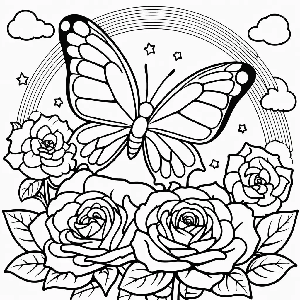 coloring book page outline, outline of a kawaii style cute and adorable baby ulysses butterfly sitting on a rose with a rainbow in the sky in the background



