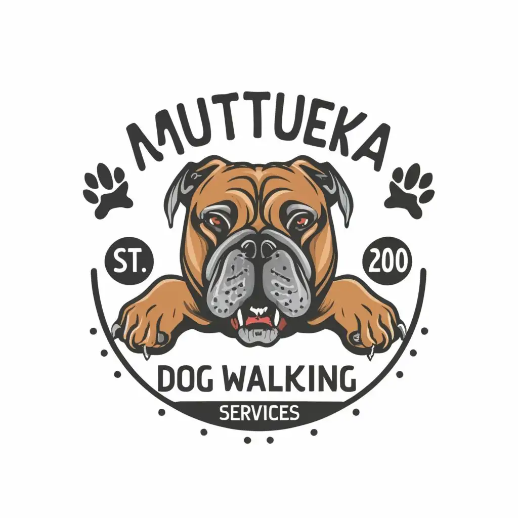 logo, Bull Mastiff, with the text "Muttueka 
Dog Walking Services", typography, be used in Animals Pets industry
