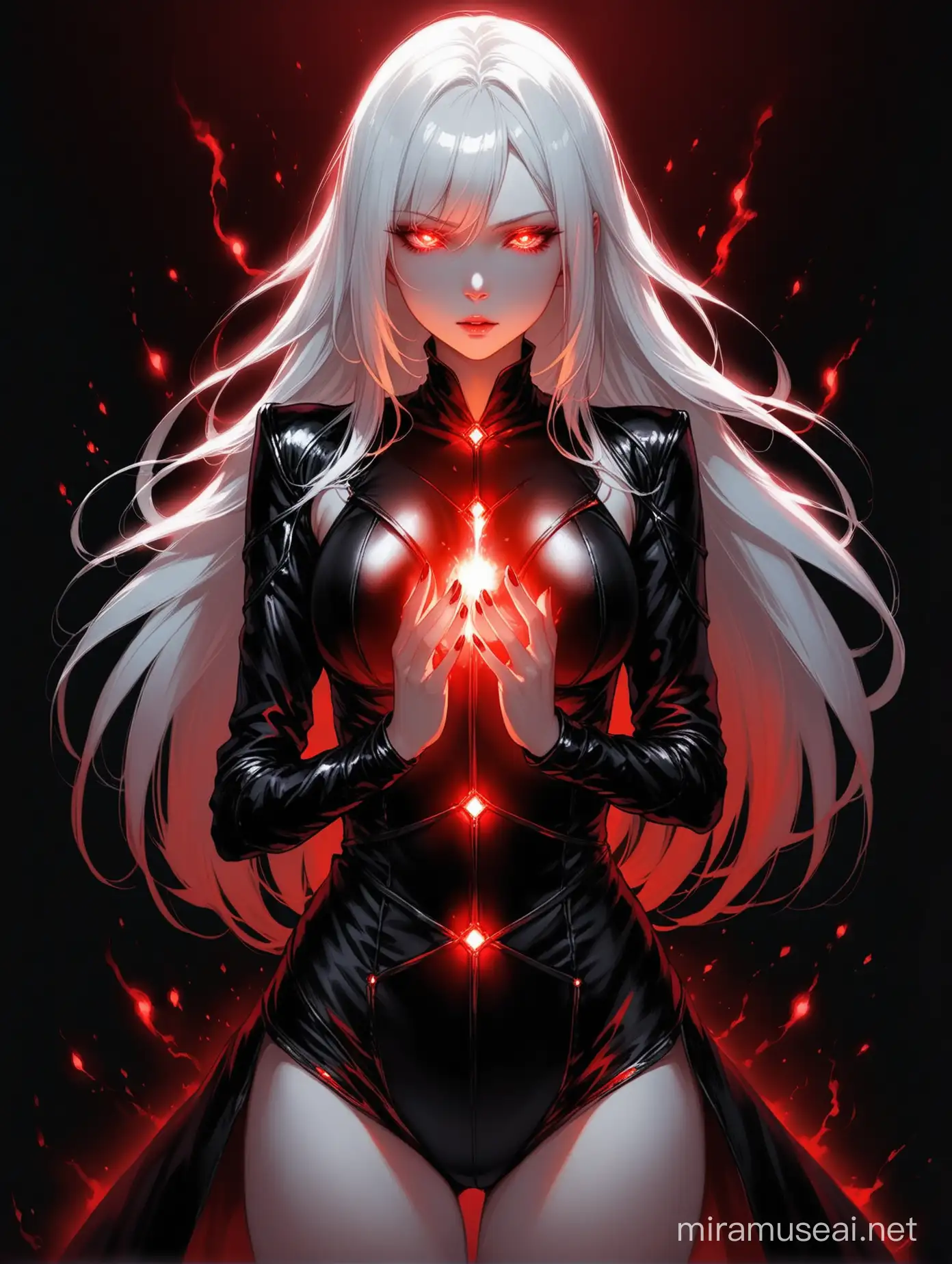 A beautiful pale skin lady with white hair, red glowing eyes and a black sexy leather outfit, summoning red blowing glow from her hands, while standing in the darkness