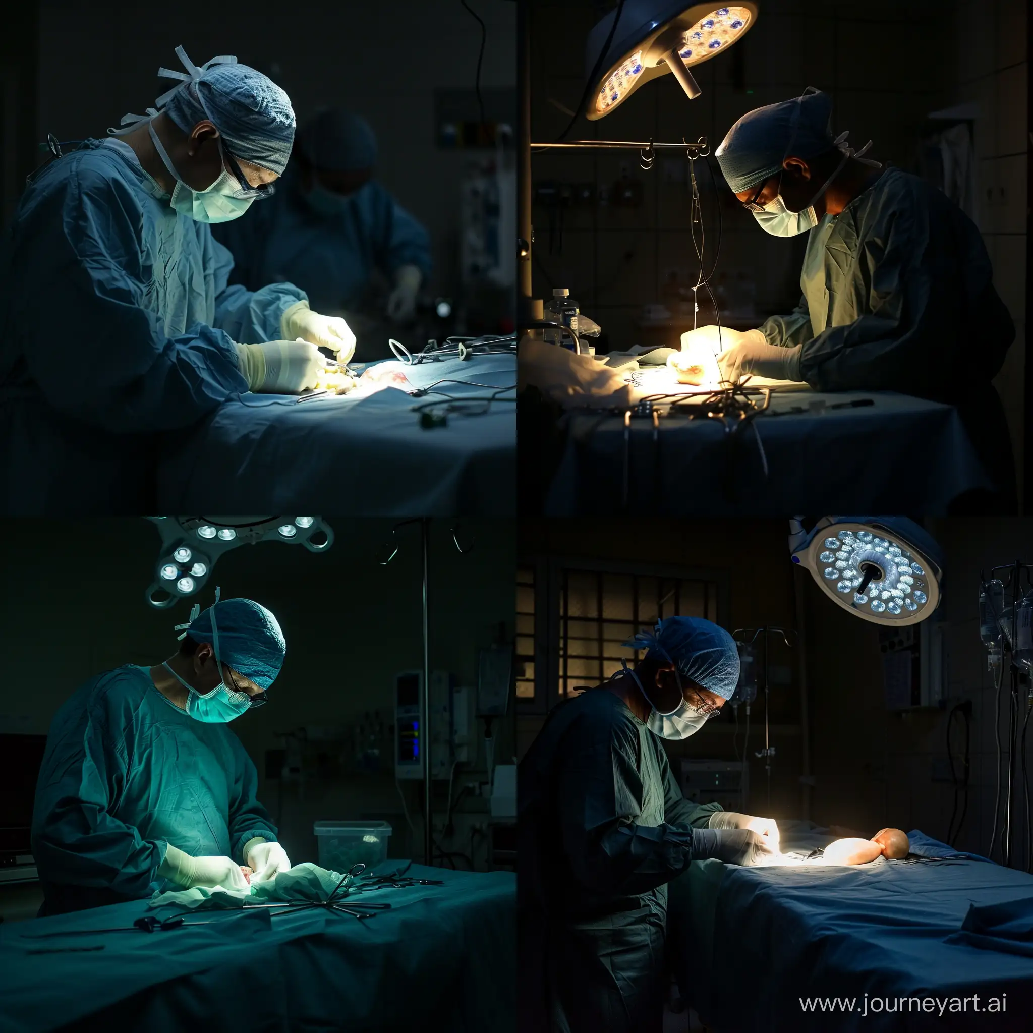 Больница, операционный стол, темный свет, врач  хирург, удаляет аппендицит 