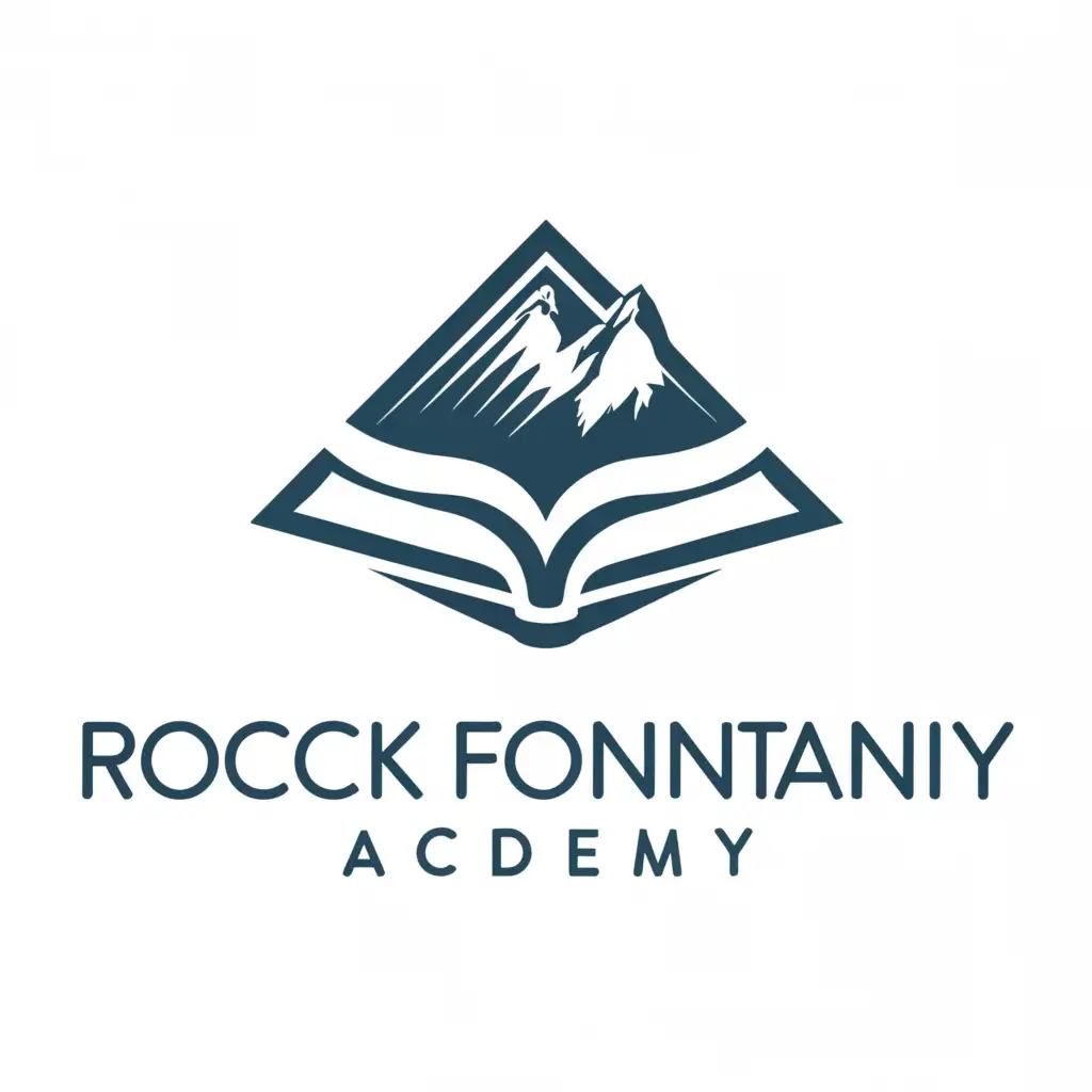 a logo design,with the text "rock fountain academy", main symbol:book, mountain,complex,be used in Education industry,clear background