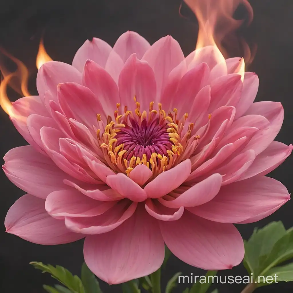 Pink Fire Illuminating Pink Flower in a Surreal Landscape