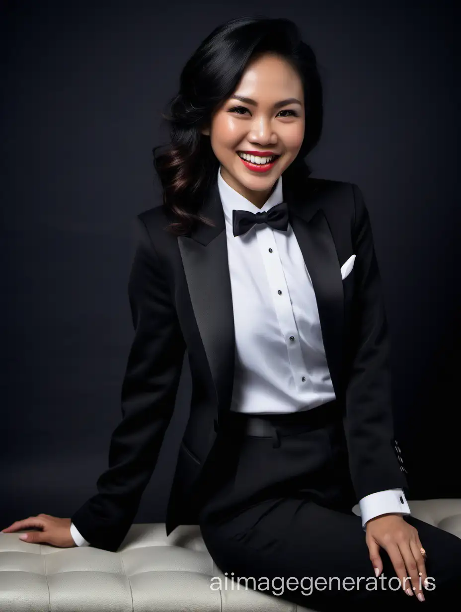 It is a dark room.  A beautiful smiling and laughing vietnamese woman with tan skin, long black hair, and lipstick, mid-thirties of age, is in a plush seat.  She is leaning forward toward the viewer.. She is wearing a tuxedo with a black jacket and black pants.  Her shirt is white with double french cuffs and a wing collar.  Her bowtie is black.   Her cufflinks are large and black.  Her jacket is open. 