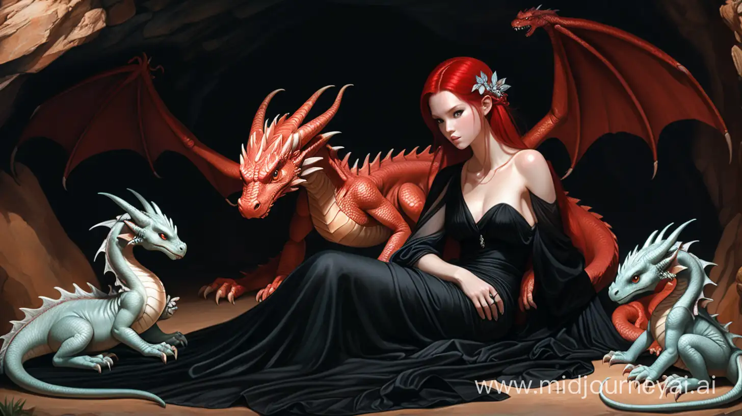 Majestic Red Dragon in Cave with SilkClad Woman and Baby Dragons