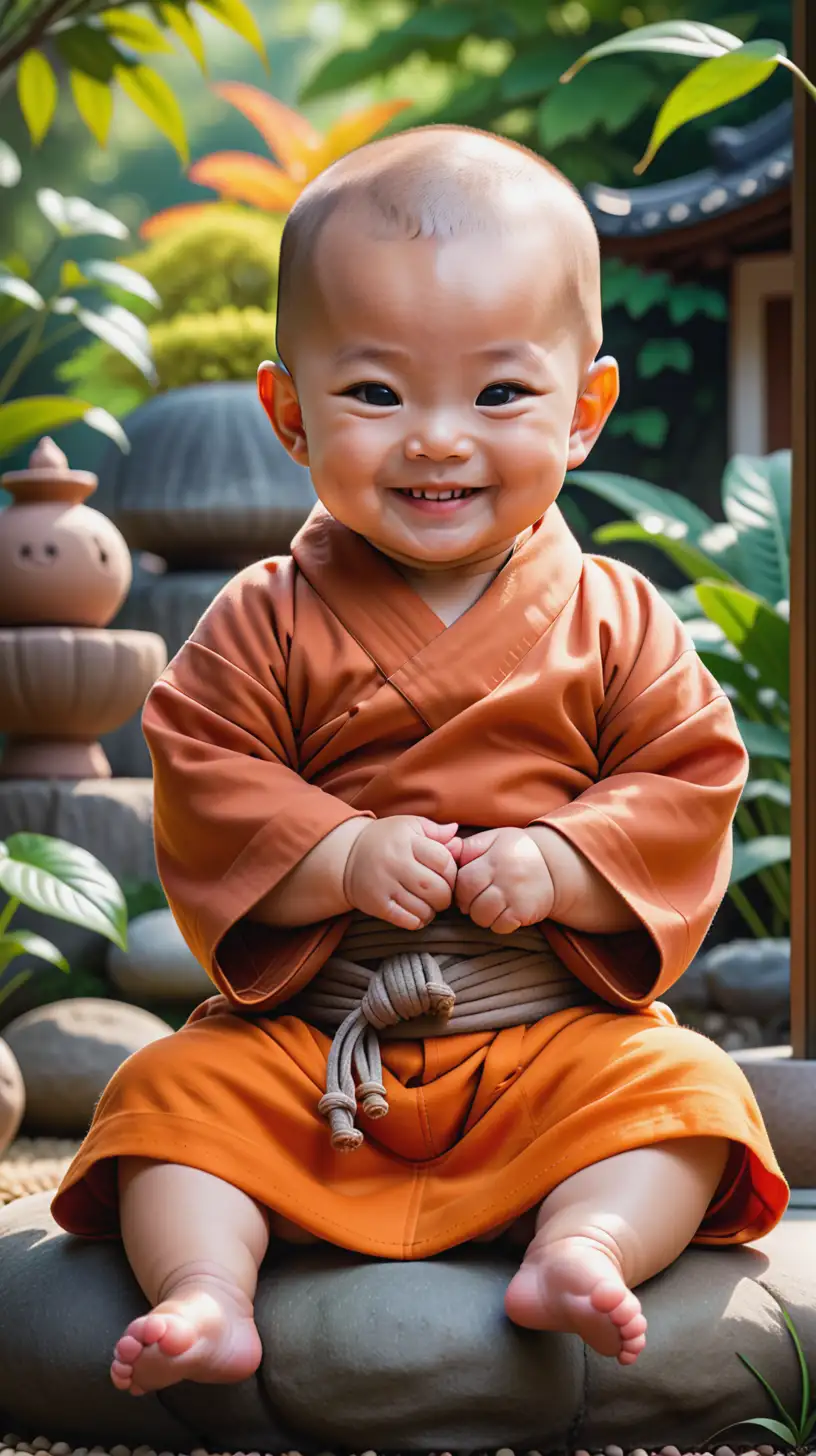 Close up image of a smiling serene  Japanese little baby monk, sitting and smiling peacefully in  beautiful garden. Hyper realistic. Beautiful,  mildly colorful, and Terrific garden background.