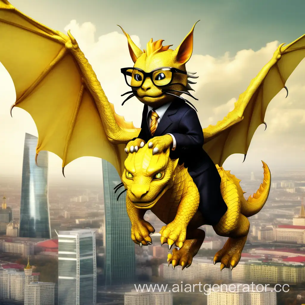 желтый дракон с головой кота, с усами, в черных очках Летает над москвой