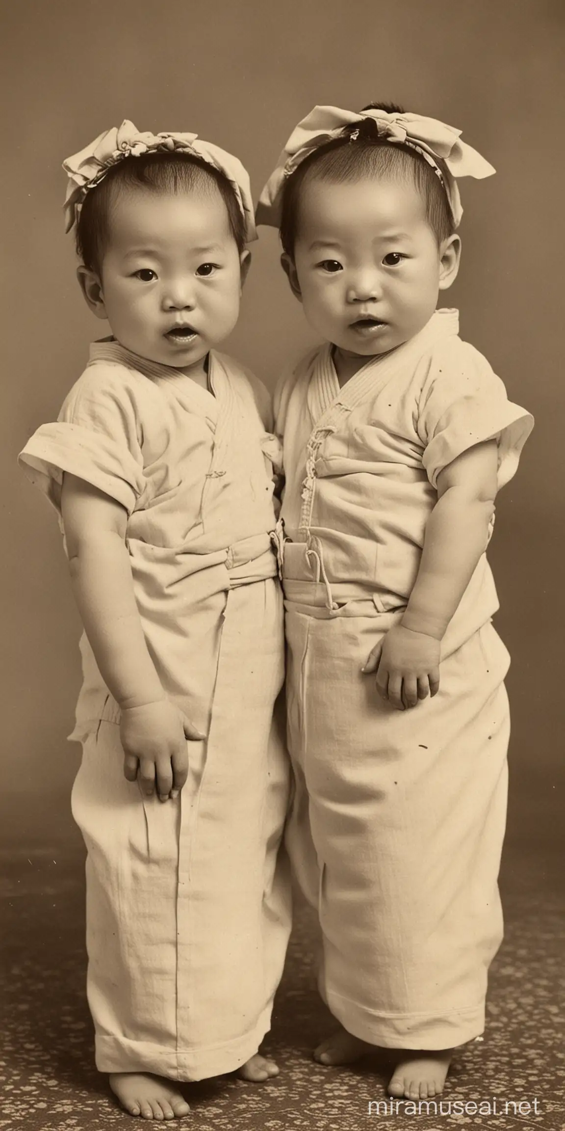 Vintage Photograph of Chinese Conjoined Twin Babies with Two Heads