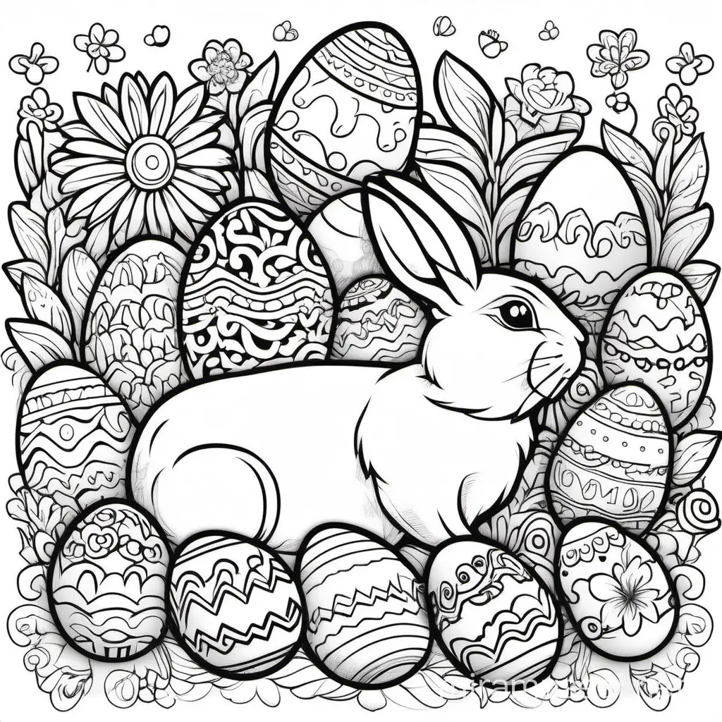 Create a detailed 2D line art illustration themed around Easter, suitable for coloring. The image should feature a diverse and vibrant selection of Easter elements, such as Easter eggs, bunnies, flowers, and baskets, arranged in a playful and inviting composition. The line art should be clear, offering various sections and patterns for coloring, while ensuring it's accessible for all ages. The image should inspire creativity and allow for a rich, colorful experience when used in a Canva coloring book. The line art should be bold and simple enough for easy coloring but detailed enough to engage users who enjoy a challenge.