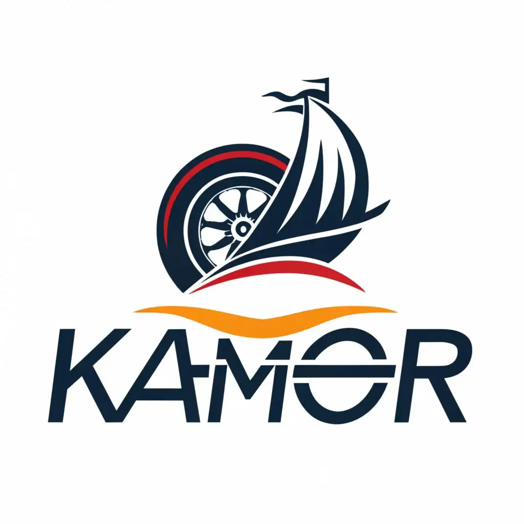 logo, tire with ship's sail, with the text "Kamor" red, black and white, typography, be used in Automotive industry