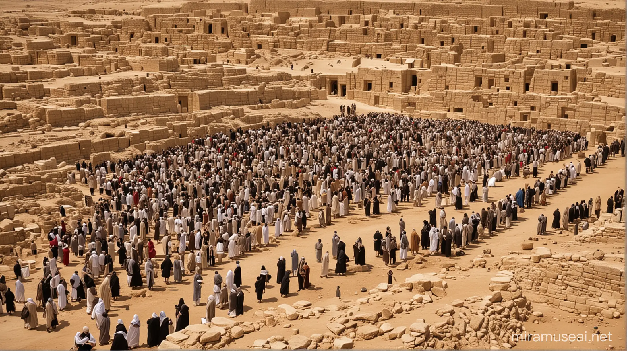 a gathing of people for a funeral, The setting is in the middle east during the biblical time of Abraham.