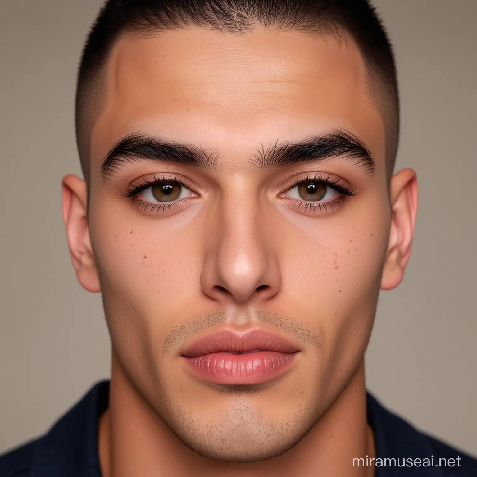 22 yo handsome Chilean man face, shaved, symmetric face, handsome, huge lips, thick brows, perfect, HD, 8K, skin texture, square jaw, front view, bald,